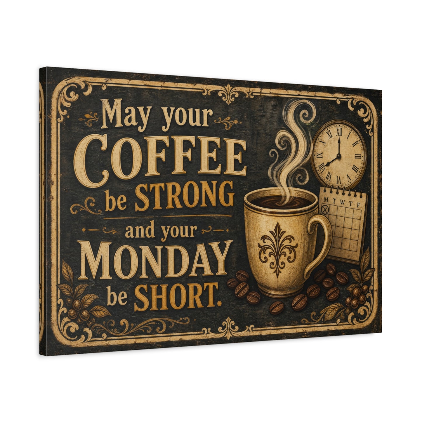 "May Your Coffee Be Strong And Your Monday Be Short" Canvas Wall Art - Vintage Coffee Cup Quote Print, Rustic Decor, Farmhouse Wall Hanging - Ready to Hang - Bistro Decor - Espresso Bar Sign