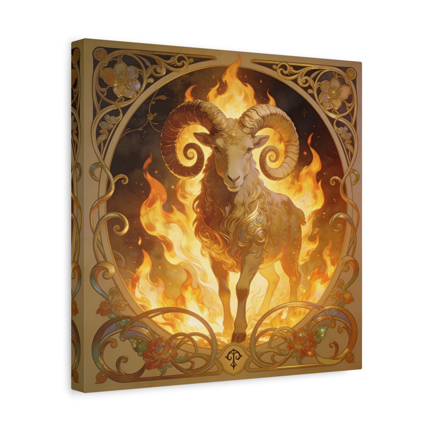 Aries Ram Canvas Wall Art - Fiery Zodiac Illustration, Ornate Gold Nouveau Design - Matte Cotton Art Print - Bohemian Astrology Decor, Bedroom Home Decoration, Office Wall Art - Modern Farmhouse Style