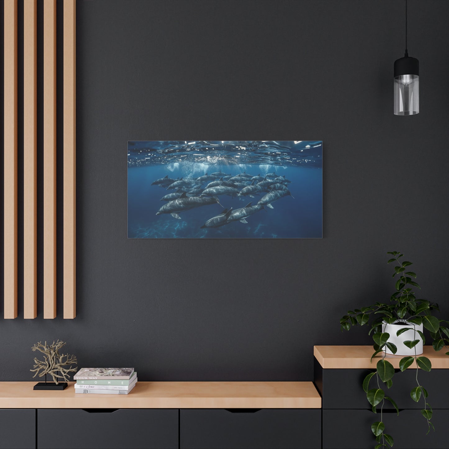 Dolphin Pod Canvas Wall Art - Underwater Ocean Art Print, Blue Marine Wildlife Decor - Matte Coastal Style - Living Room Wall Decor, Bedroom Home Decoration - Bedroom Home Decoration