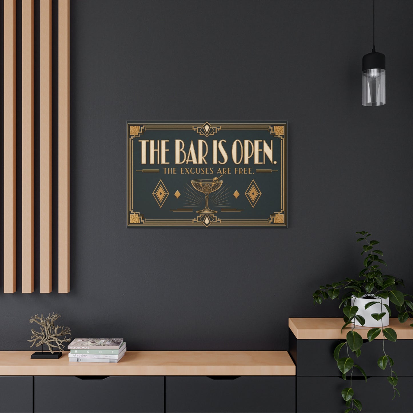"The Bar Is Open. The Excuses Are Free." Art Deco Canvas Wall Art - Cocktail Lounge Quote Print, Vintage Bar Cart Decor, Speakeasy Style - Ready to Hang - Tavern Wall Decor - Speakeasy Style Sign