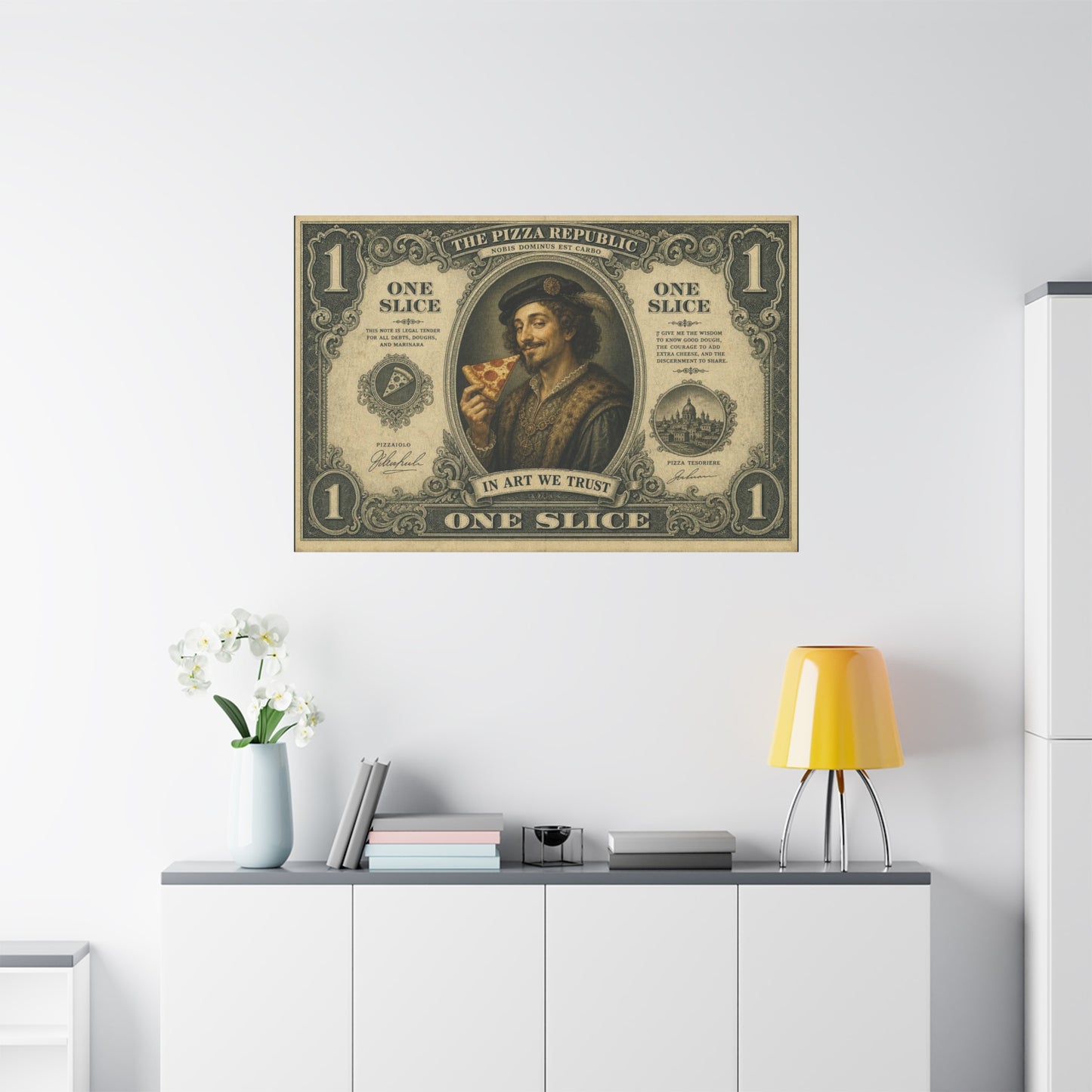 "The Pizza Republic" One Slice Vintage Canvas Wall Art - Renaissance Pizza Portrait, Typography Money Note Design - Matte Cotton Print - Kitchen Decor, Cafe Wall Decor - Bedroom Home Decoration