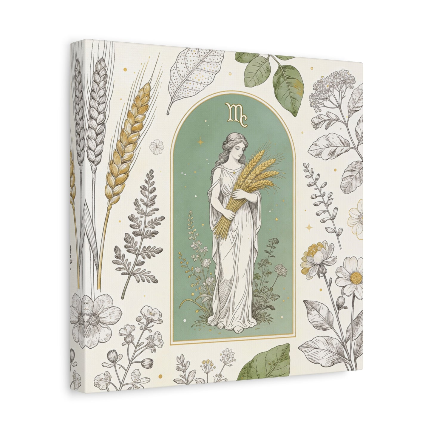Virgo Zodiac Canvas Wall Art - Botanical Maiden Holding Wheat, Celestial Illustration - Sage Green Gold Cotton Print - Vintage Astrology Decor, Bedroom Wall Hanging Accent - Bedroom Home Decoration