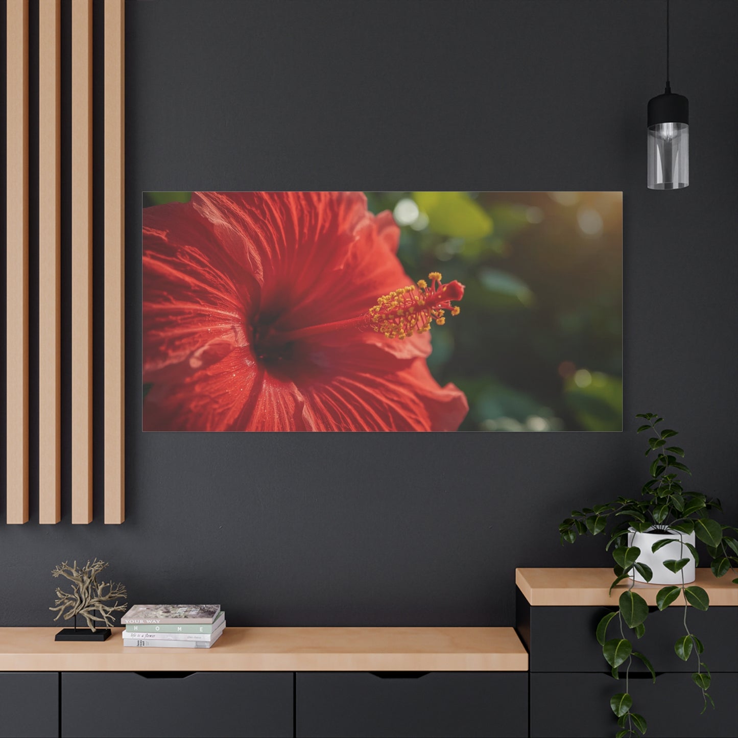 Red Hibiscus Flower Canvas Wall Art - Tropical Floral Botanical Art Print, Warm Sunlit Petals, Matte Cotton Canvas, Contemporary Nature Decor For Bedroom Living Room Office - Living Room Wall Decor