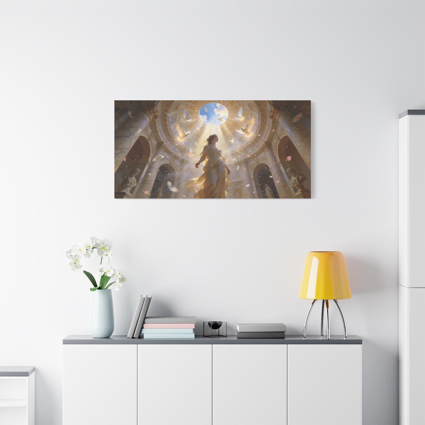 Virgin Mary Canvas Wall Art - Heavenly Doves, Cathedral Dome Light - Matte Cotton Art Print - Traditional Religious Style - Bedroom Wall Decor, Meditation Space Accent - Bedroom Home Decoration
