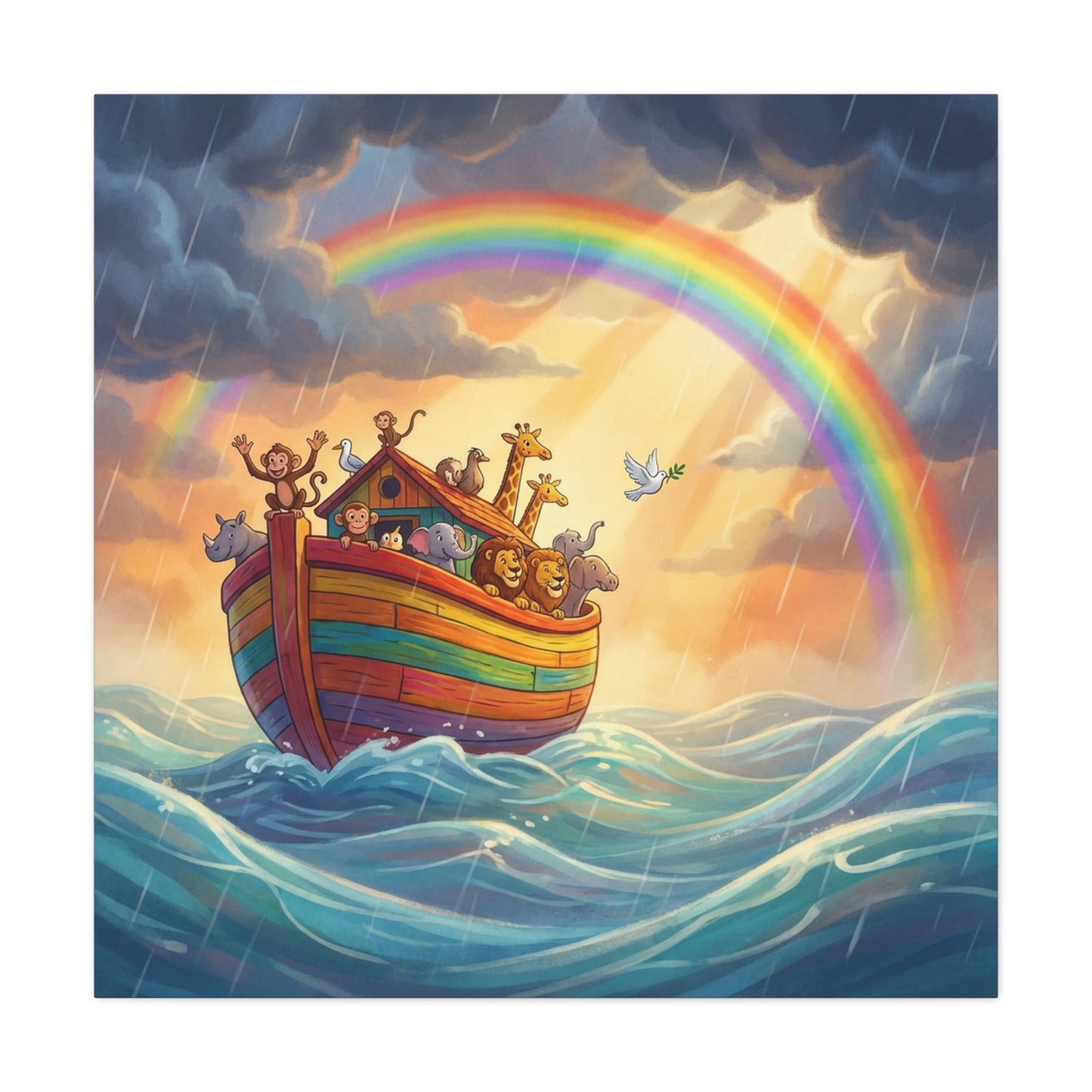 Noahs Ark Canvas Wall Art - Rainbow Animal Boat Nursery Decor - Cotton Canvas Print, Kids Bedroom Home Decoration, Playroom Wall Hanging, Biblical Story Illustration, Classroom Accent - Ready to Hang