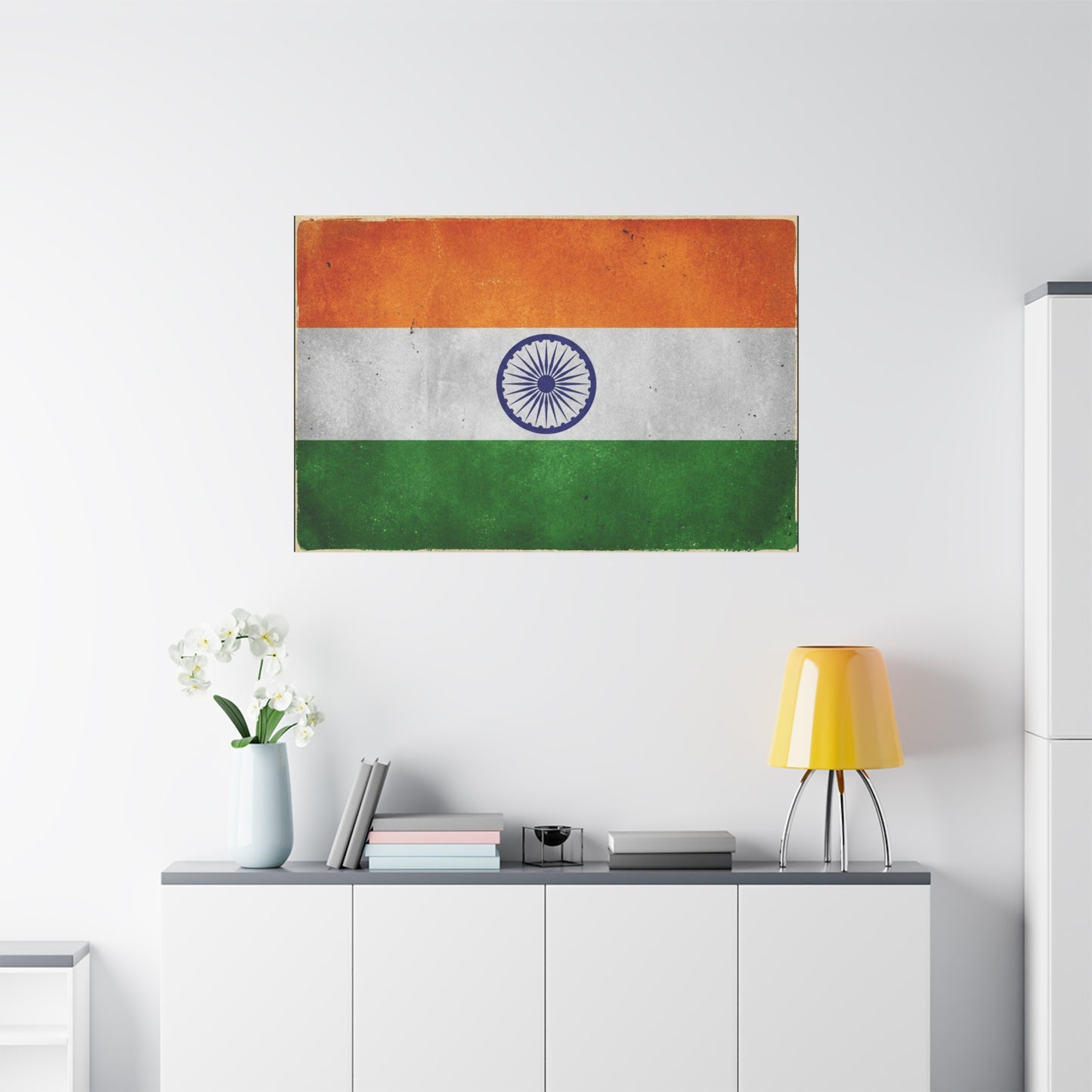 India Flag Canvas Wall Art - Vintage Tricolor Ashoka Chakra Print, Patriotic Textured Artwork - Distressed Saffron White Green Design - Living Room Decor, Office Wall Accent - Bedroom Home Decoration