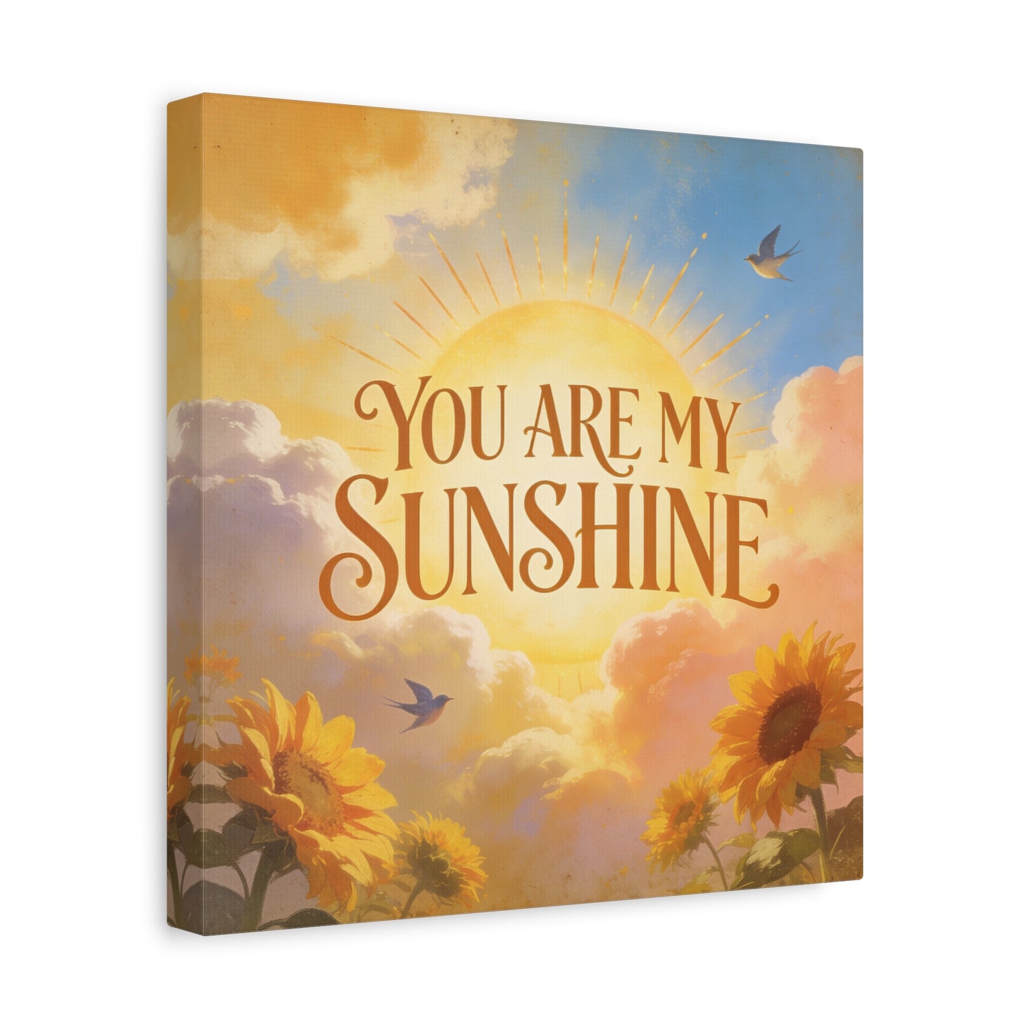 "You Are My Sunshine" Sunflower Canvas Wall Art - Vintage Typography Sky, Birds - Inspirational Farmhouse Style - Living Room Wall Decor, Bedroom Home Decoration, Office Art Accent - Ready to Hang