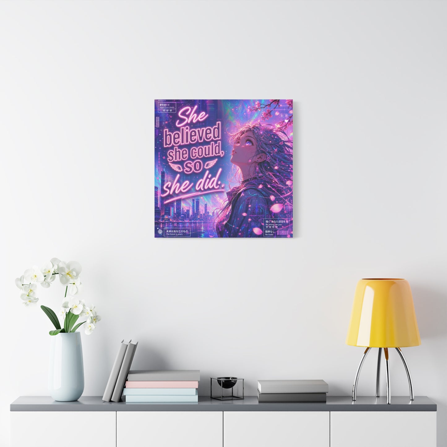 "She Believed She Could, So She Did" Anime Girl Canvas Wall Art - Neon Sakura Cityscape, Inspirational Typography Print - Contemporary Bedroom Wall Decor, Teenager Room Decor - Bedroom Home Decoration