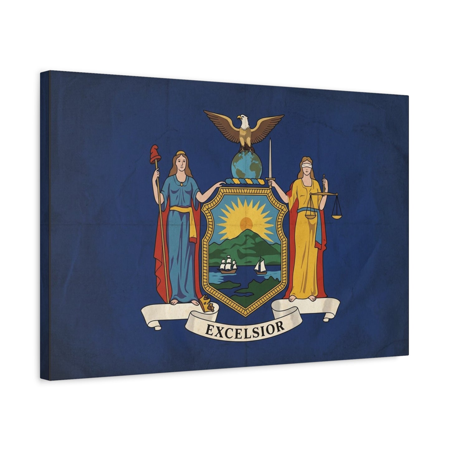 "Excelsior" New York State Flag Canvas Wall Art - Empire State Banner Print, Vintage Blue Heraldic Decor - Patriotic Illustration Style - Living Room Wall Decor, Office Art - Bedroom Home Decoration