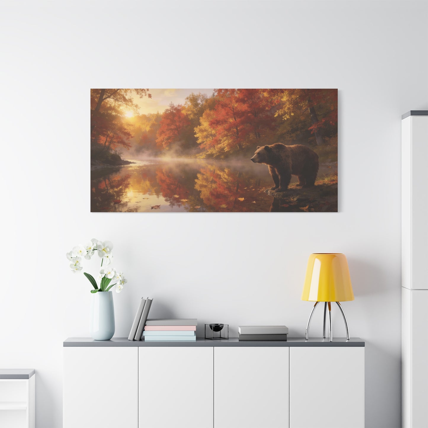 Brown Bear Canvas Wall Art - Autumn Forest River Sunrise Wildlife Print, Golden Mist Reflection, Matte Canvas Print, Rustic Lodge Style, Living Room Wall Decor Office Art - Bedroom Home Decoration