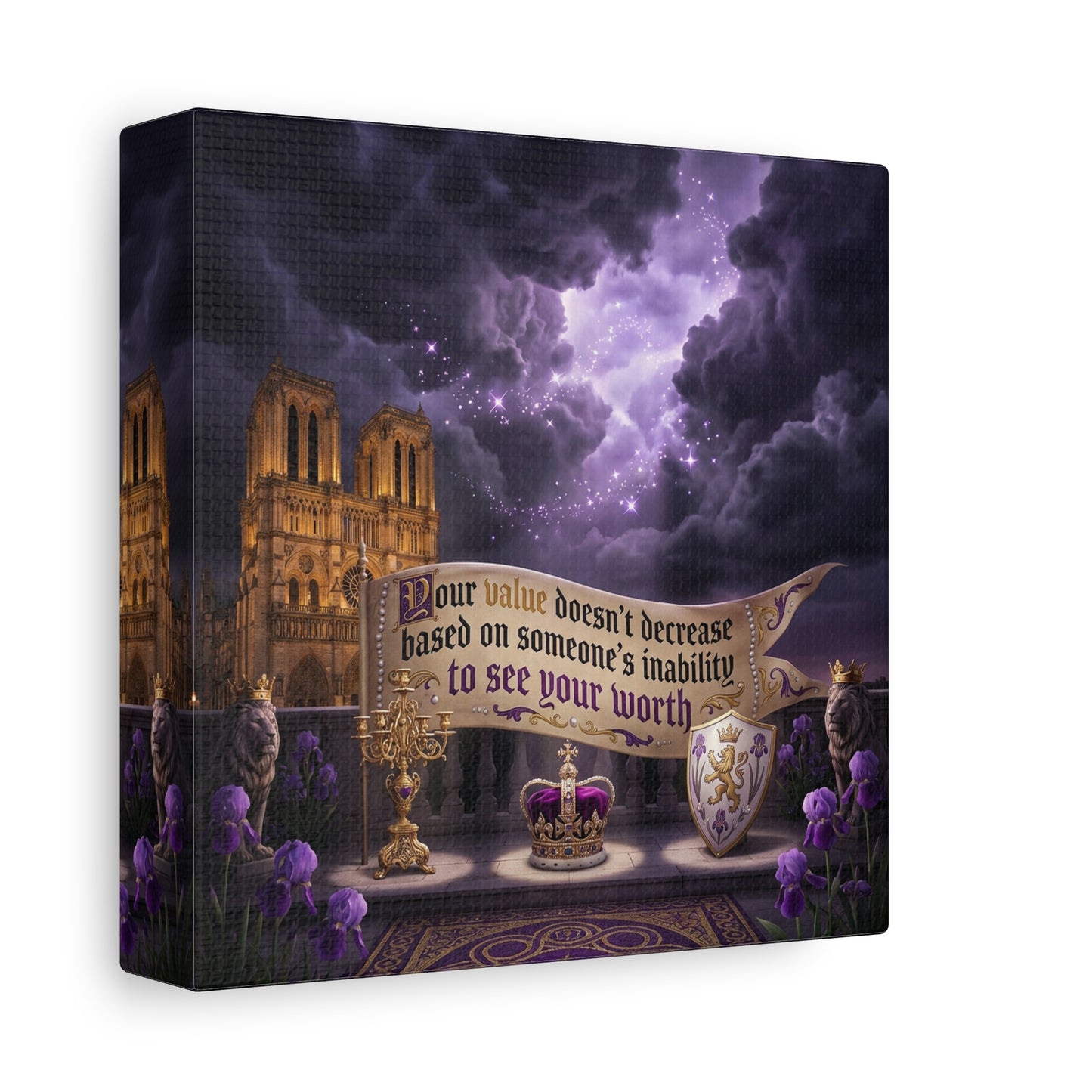 "Your Value Doesn't Decrease Based On Someone's Inability To See Your Worth" Canvas Wall Art - Gothic Cathedral, Purple Sky, Crown And Lions - Inspirational Home Decor - Living Room Bedroom