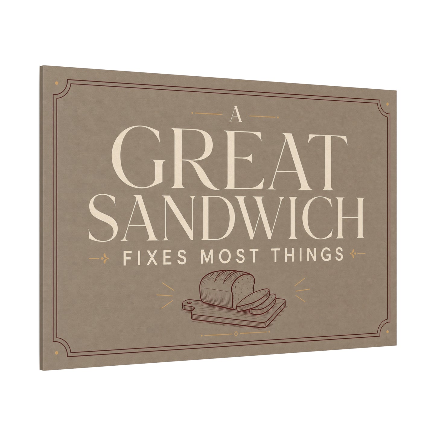 "A Great Sandwich Fixes Most Things" Canvas Wall Art - Vintage Typography Bread Illustration - Neutral Farmhouse Style - Funny Food Quote - Deli Wall Decor - Sandwich Shop Sign - Diner Decor