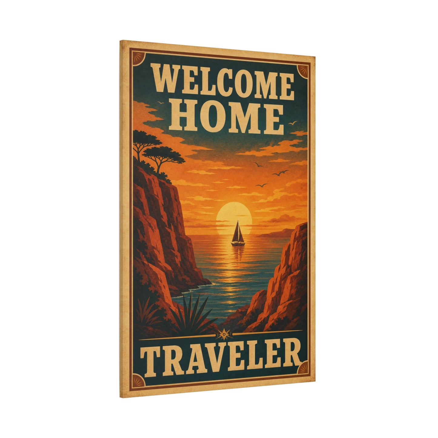 "Welcome Home Traveler" Vintage Coastal Canvas Wall Art - Sunset Sailboat Seascape Print - Retro Travel Poster Style - Living Room Wall Decor, Hallway Home Decoration - Modern Farmhouse Style