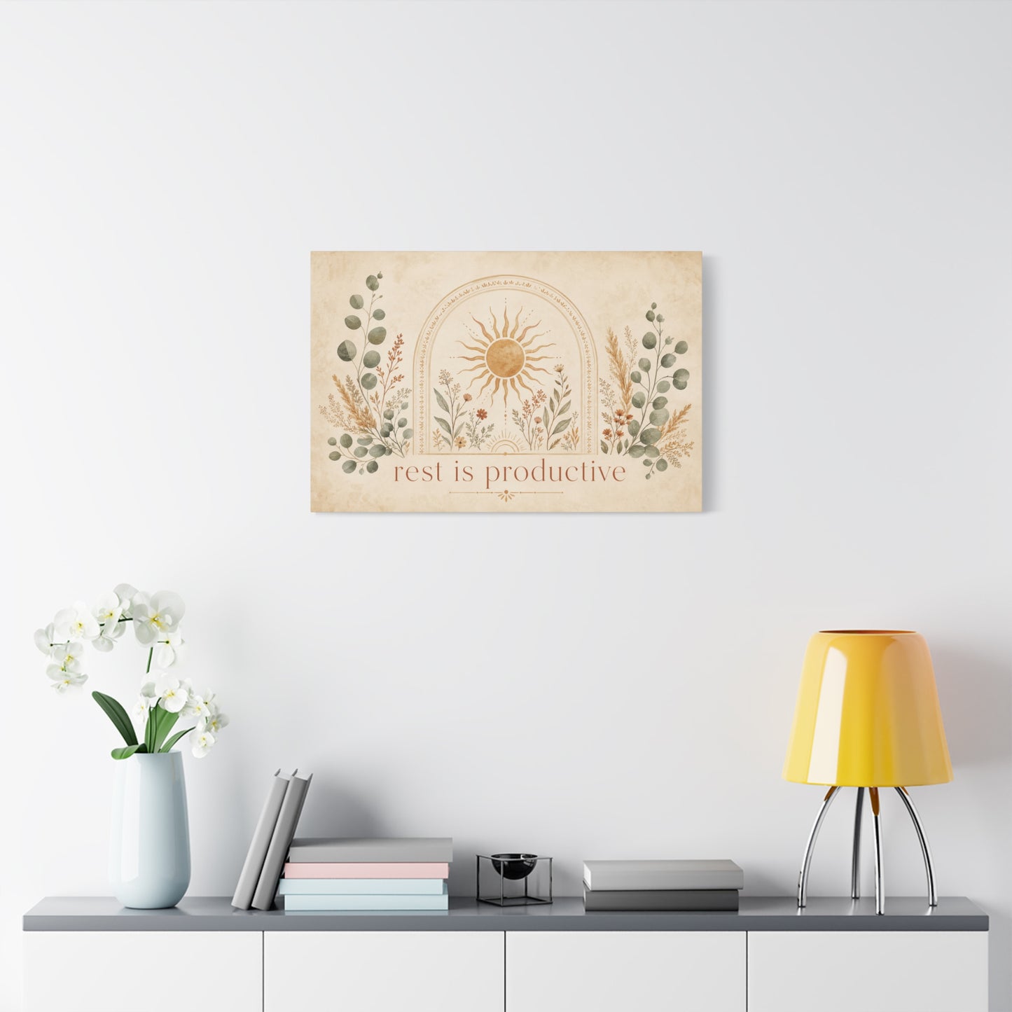 "Rest Is Productive" Inspirational Canvas Wall Art - Boho Sun And Botanical Arch Print - Neutral Typography Decor - Bedroom Living Room Decoration - Office Wall Art - Bedroom Home Decoration