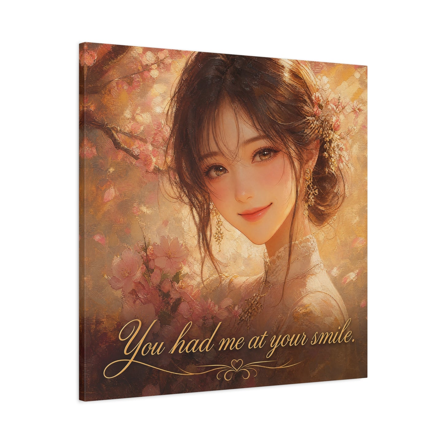 You Had Me At Your Smile Portrait Canvas Wall Art - Romantic Floral Woman Quote Print - Golden Blush Illustration - Traditional Style Living Room Decor - Ready to Hang - Living Room Wall Decor