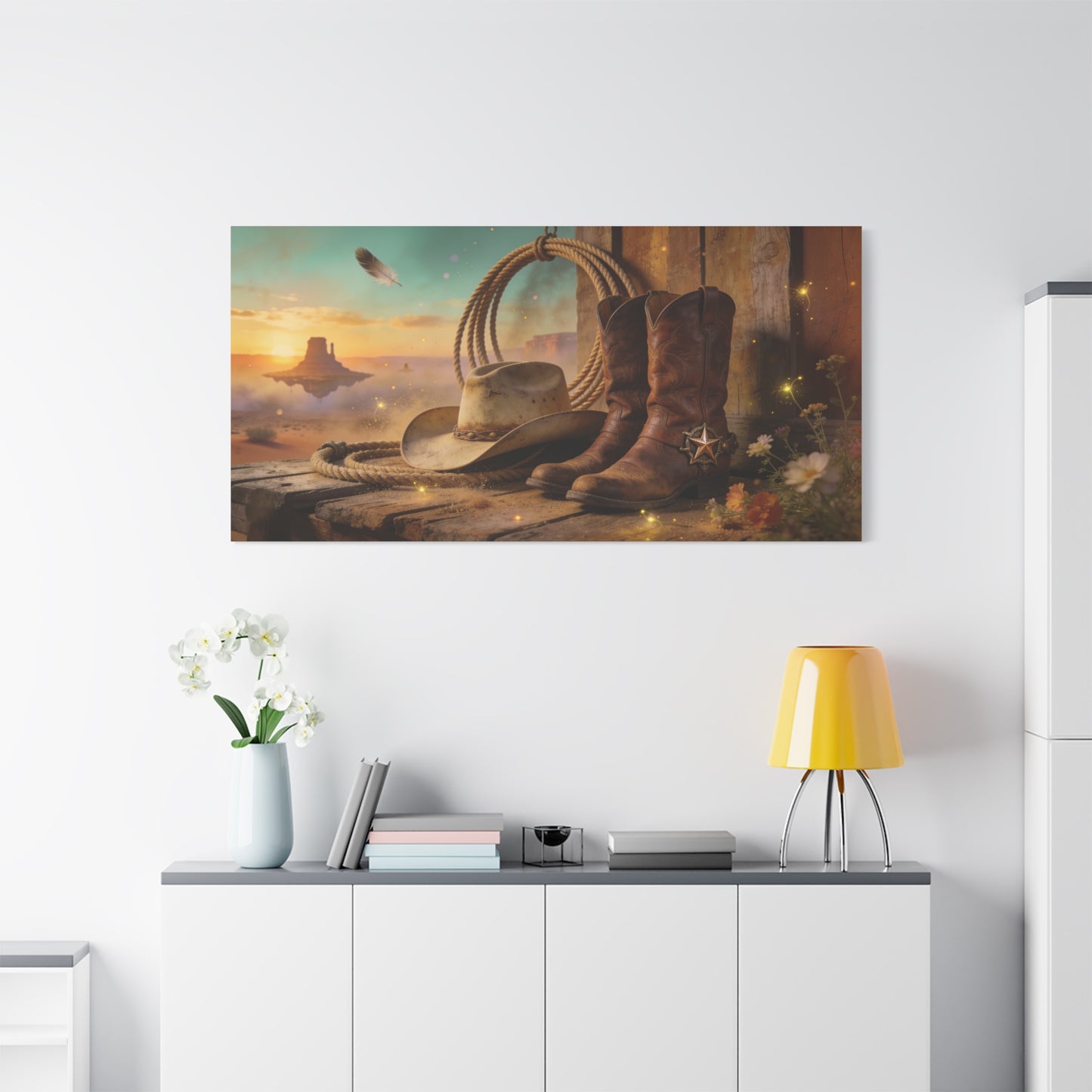 Western Cowboy Boots Canvas Wall Art - Desert Mesa Sunset, Hat And Lasso - Rustic Cotton Print - Vintage Ranch Style - Living Room Wall Decor, Office Art, Entryway Decoration - Bedroom Home Decoration