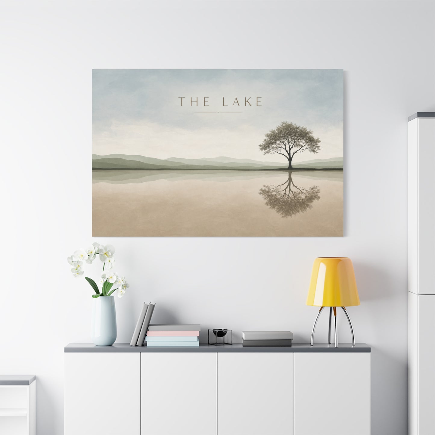 "The Lake" Lake Landscape Canvas Wall Art - Minimalist Tree Reflection Print, Serene Neutral Nature Decor - Contemporary Matte Canvas - Living Room Bedroom Office Wall Decoration - Ready to Hang