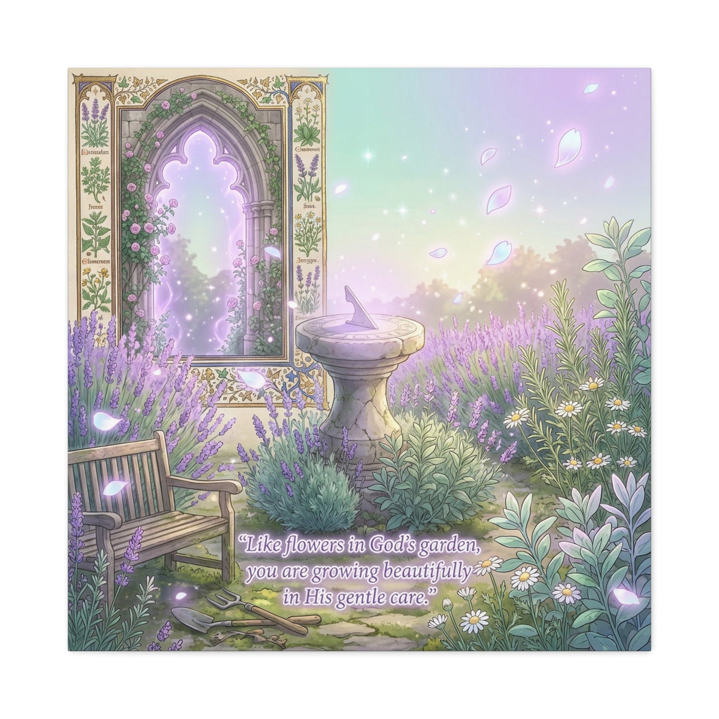 "Like Flowers In God's Garden, You Are Growing Beautifully In His Gentle Care" Canvas Wall Art - Lavender Garden Arch, Sundial Bench - Pastel Botanical Decor For Bedroom Living Room - Office Wall Art