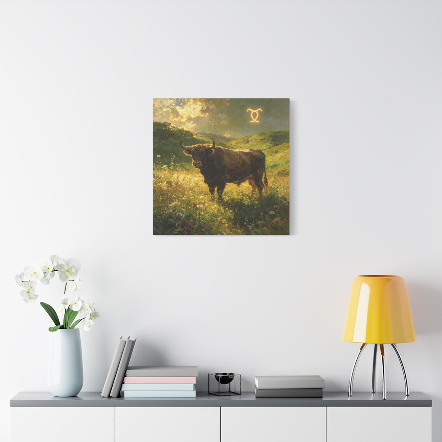 Taurus Bull Canvas Wall Art - Golden Meadow Landscape Painting, Zodiac Symbol, Rustic Contemporary Cotton Canvas Print, Living Room Wall Decor, Bedroom Home Decoration, Office Art Accent