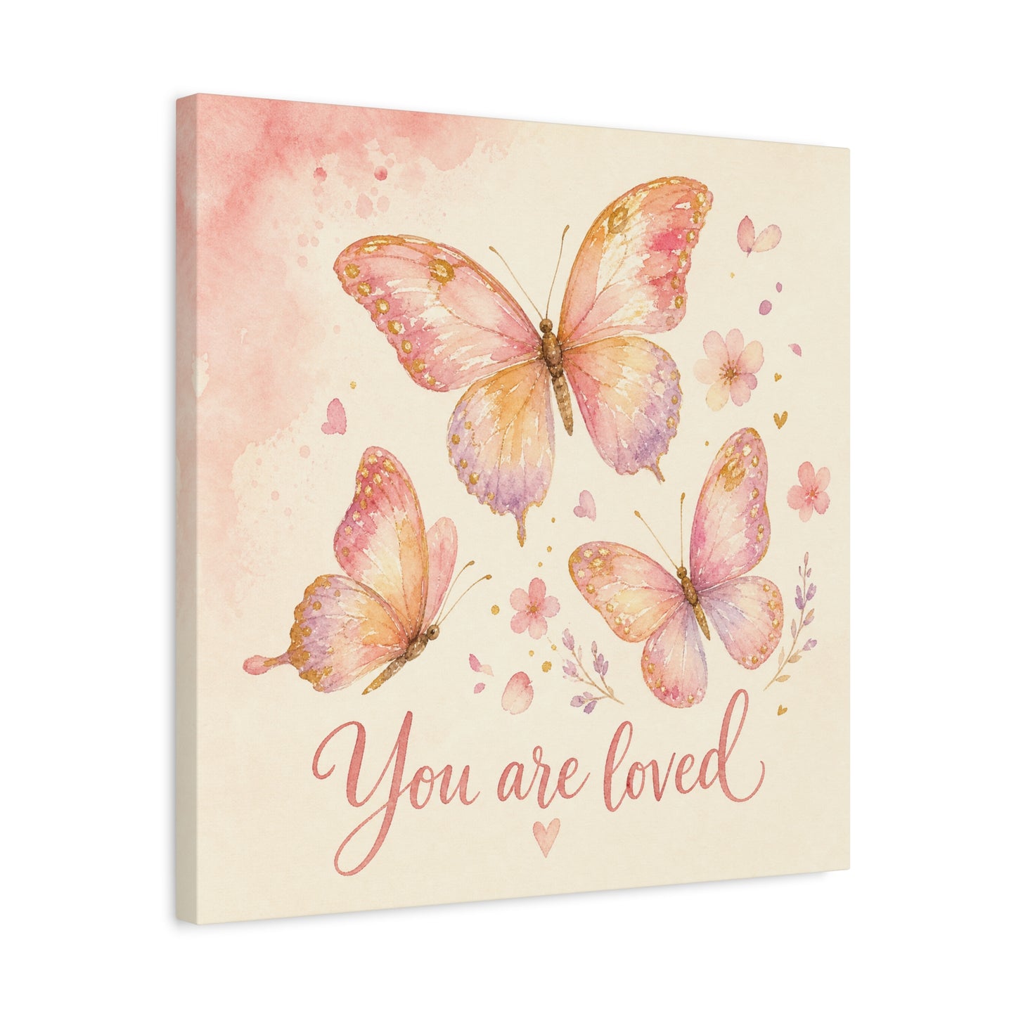 "You Are Loved" Butterfly Canvas Wall Art - Pink Watercolor Butterflies, Inspirational Nursery Decor - Soft Pastel Floral Home Decoration - Bedroom Wall Hanging, Baby Girl Room Accent - Ready to Hang