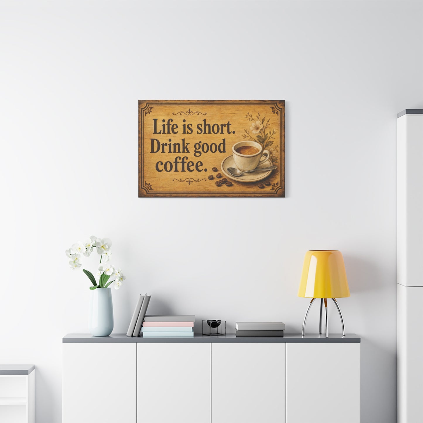 "Life Is Short. Drink Good Coffee." Coffee Canvas Wall Art - Vintage Kitchen Quote Print, Rustic Farmhouse Style, Espresso Cup Wall Decor, Dining Room Home Decoration - Bedroom Home Decoration