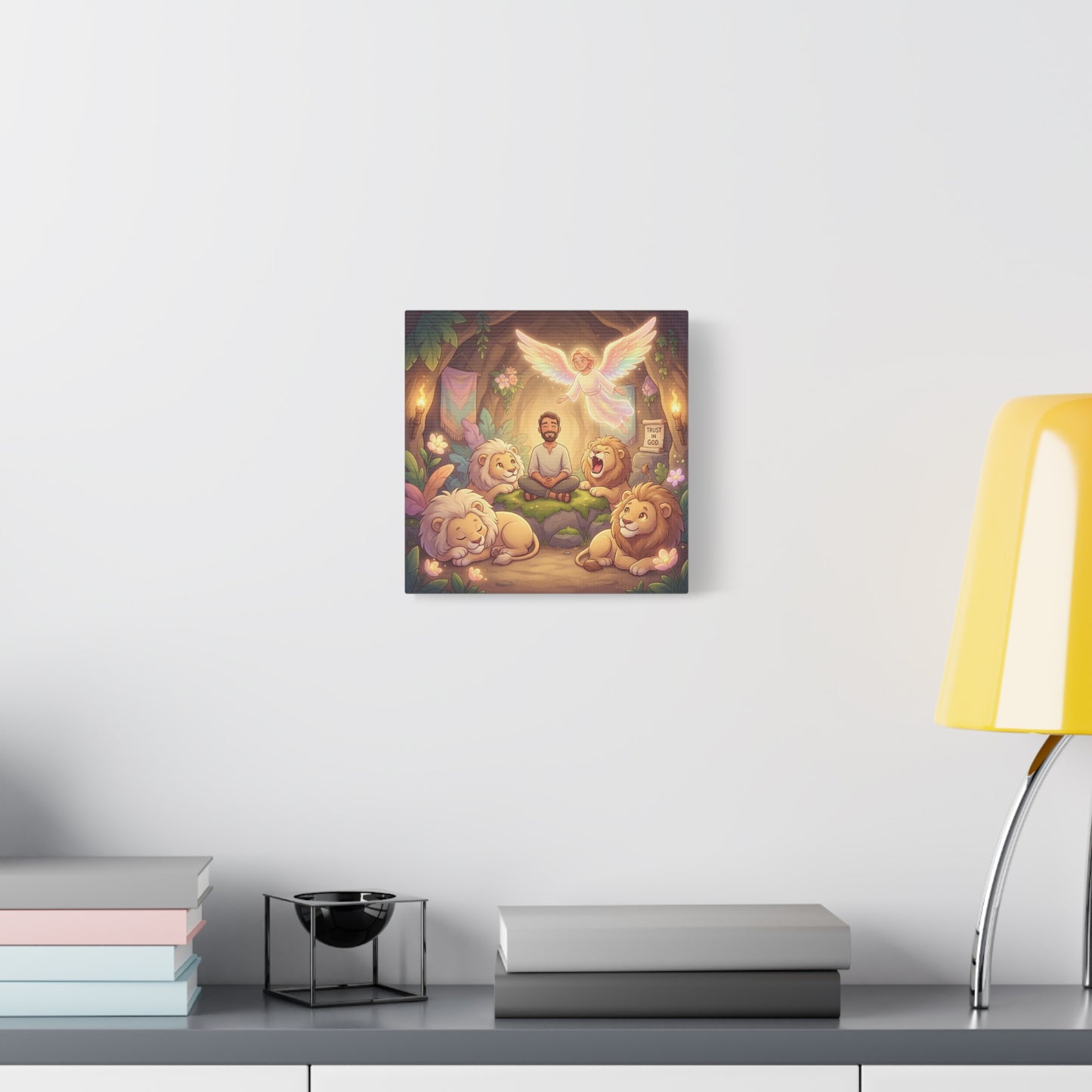"Trust In God" Christian Canvas Wall Art - Angel, Man With Lions Cave Scene - Pastel Nursery Decor, Matte Cotton Print - Kids Bedroom Wall Decor, Playroom Home Decoration - Ready to Hang
