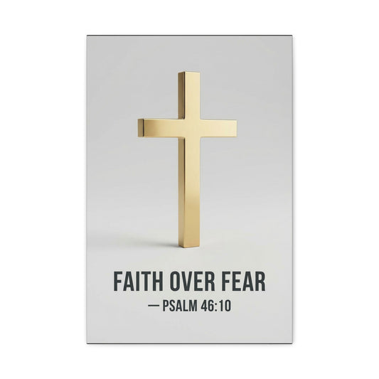"Faith Over Fear" Psalm 46:10 Cross Canvas Wall Art - Gold Christian Scripture Print, Minimalist Religious Wall Decor - Modern Bedroom Home Decoration - Bedroom Home Decoration - Cozy Reading Nook Art