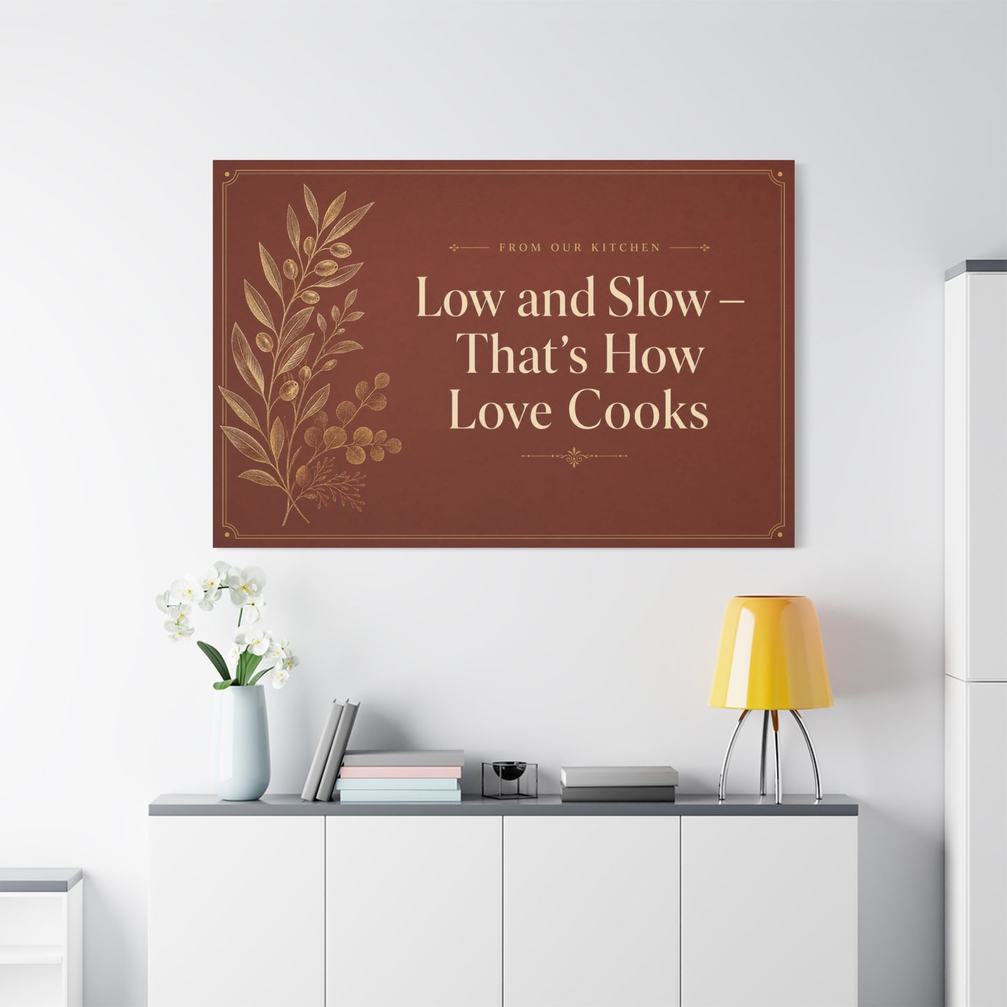 "Low And Slow - That's How Love Cooks" Kitchen Canvas Wall Art - Rustic Typography Botanical Print - Brown Farmhouse Dining Room Decor - Office Wall Art - Bedroom Home Decoration - Ready to Hang