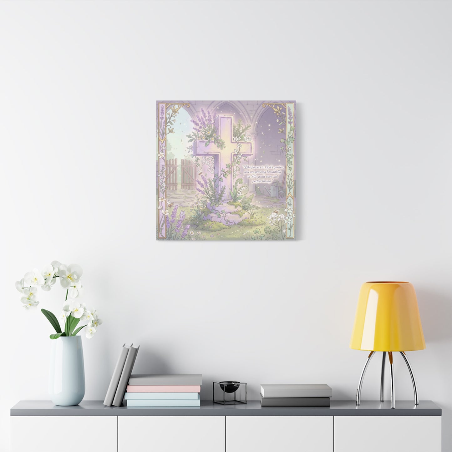"Like Flowers In God's Garden, You Are Growing Beautifully" Christian Canvas Wall Art - Floral Cross Scripture Decor - Lavender Garden Illustration - Bedroom Home Decoration, Living Room Accent