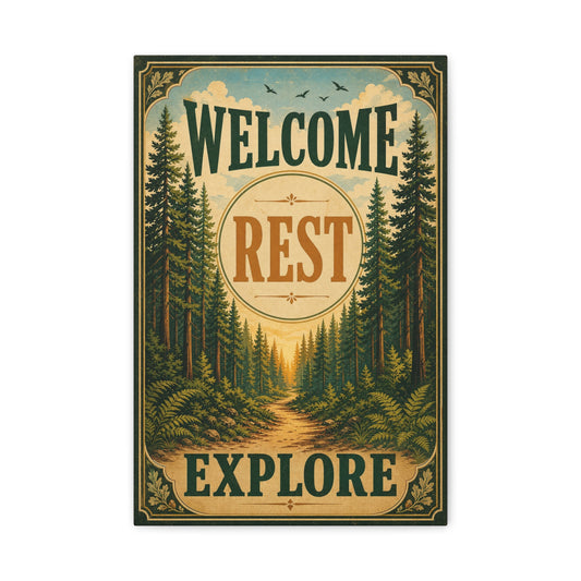 "Welcome Rest Explore" Forest Canvas Art Print - Vintage Pine Path Landscape Decor - Rustic Cabin Style, Nature Home Accent, Entryway Decoration, Lodge Interior Piece - Living Room Wall Decor