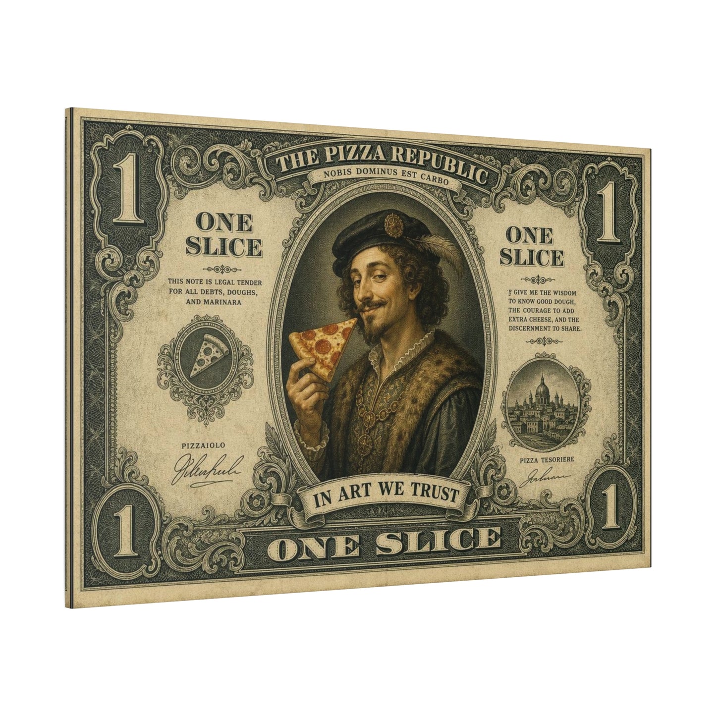 "The Pizza Republic" One Slice Vintage Canvas Wall Art - Renaissance Pizza Portrait, Typography Money Note Design - Matte Cotton Print - Kitchen Decor, Cafe Wall Decor - Bedroom Home Decoration