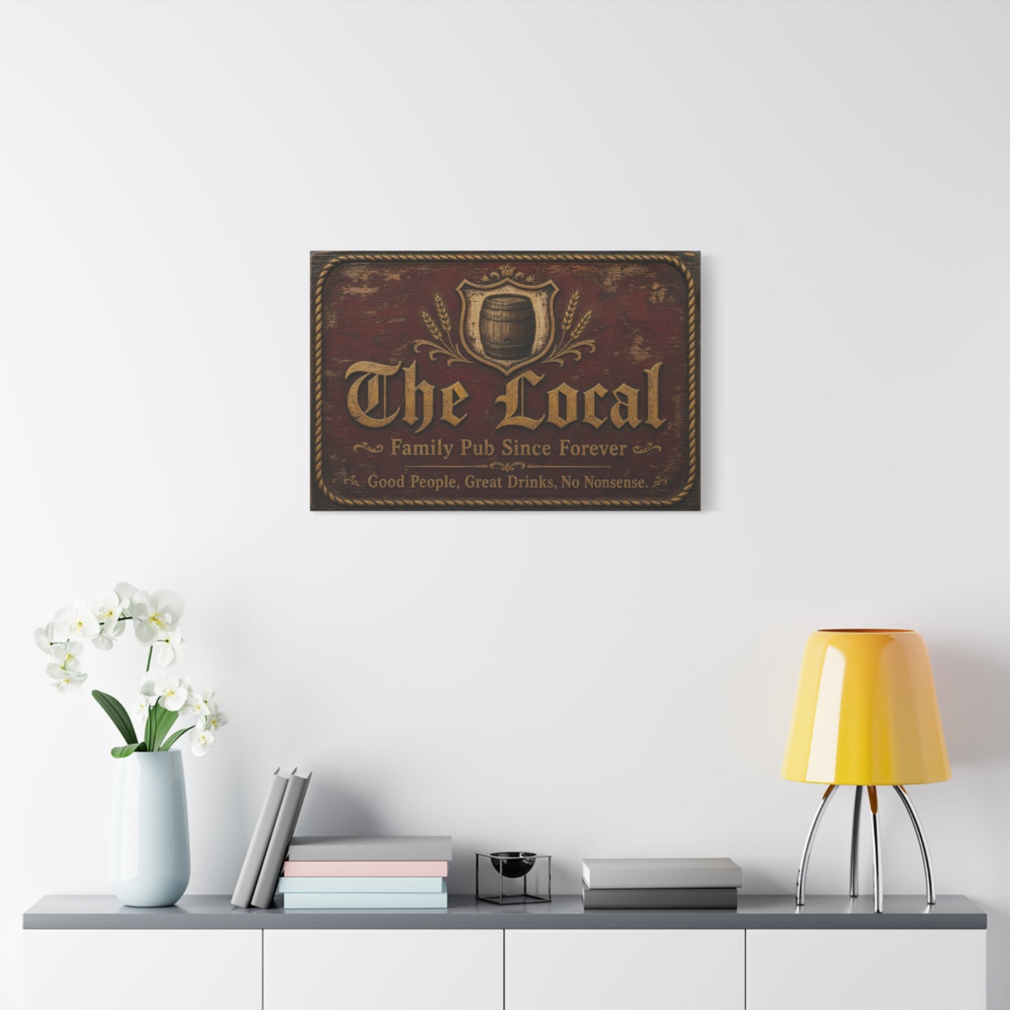 "The Local" Vintage Pub Canvas Wall Art - Rustic Tavern Sign, Barrel Crest Typography - Distressed Wood Look, Traditional Style - Bar Room Decor, Man Cave Accent, Restaurant Wall Hanging