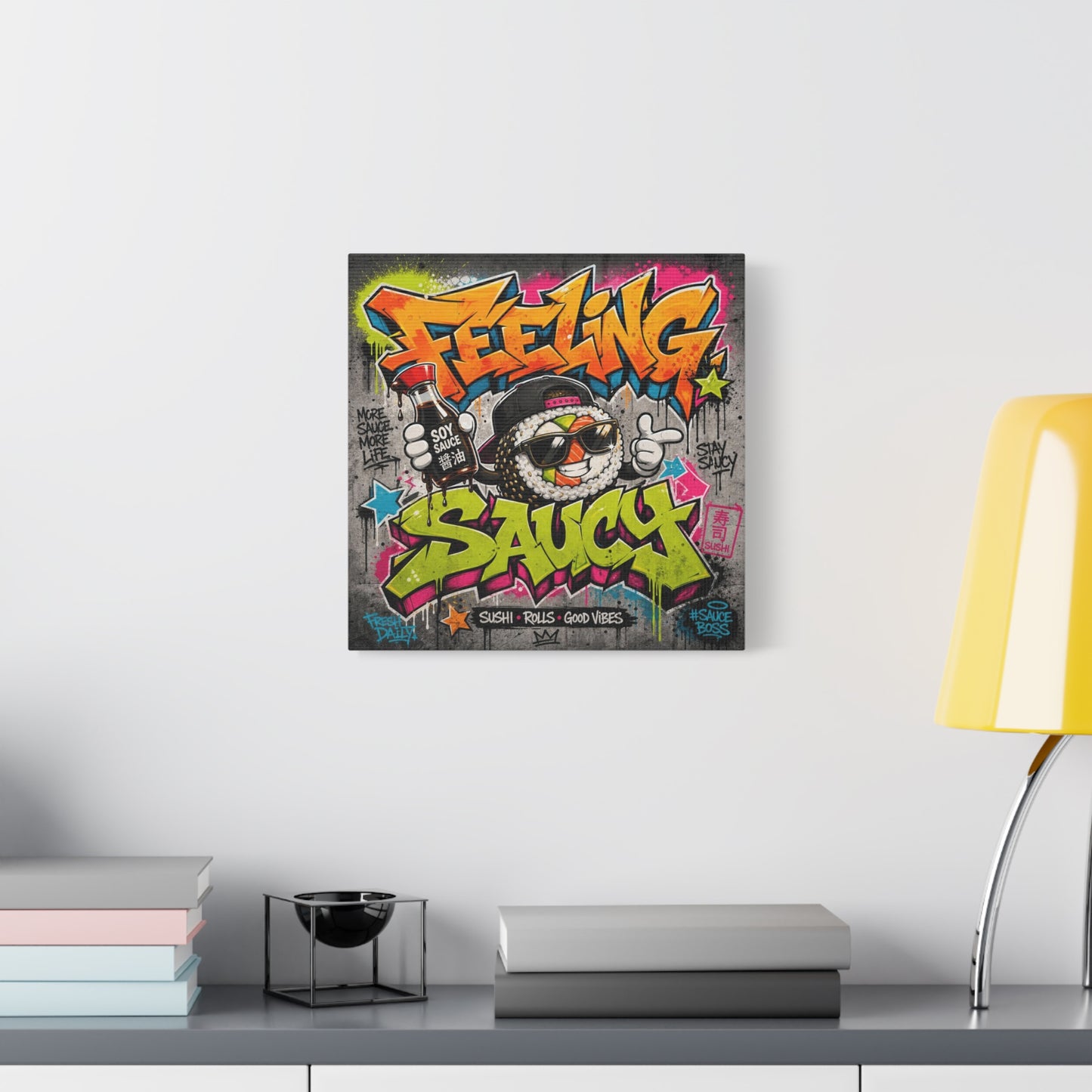 "Feeling Sauce" Graffiti Canvas Wall Art - Sushi Roll Street Illustration, Urban Pop Typography, Matte Cotton Print, Contemporary Decor for Kitchen Nook, Dining Space, Cafe Interior Accent