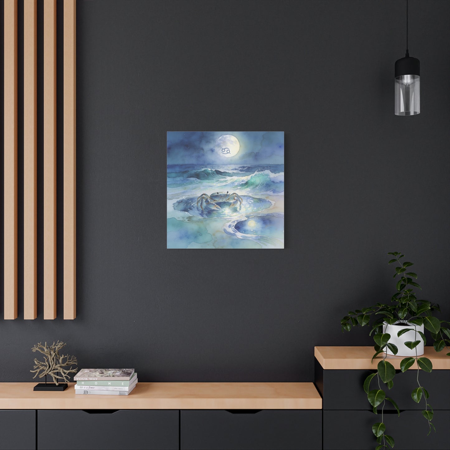 Cancer Zodiac Canvas Wall Art - Moonlit Ocean Crab Watercolor Print, Coastal Astrology Decor - Serene Blue Seascape - Bedroom Wall Decor, Meditation Space Accent, Bohemian Style - Ready to Hang
