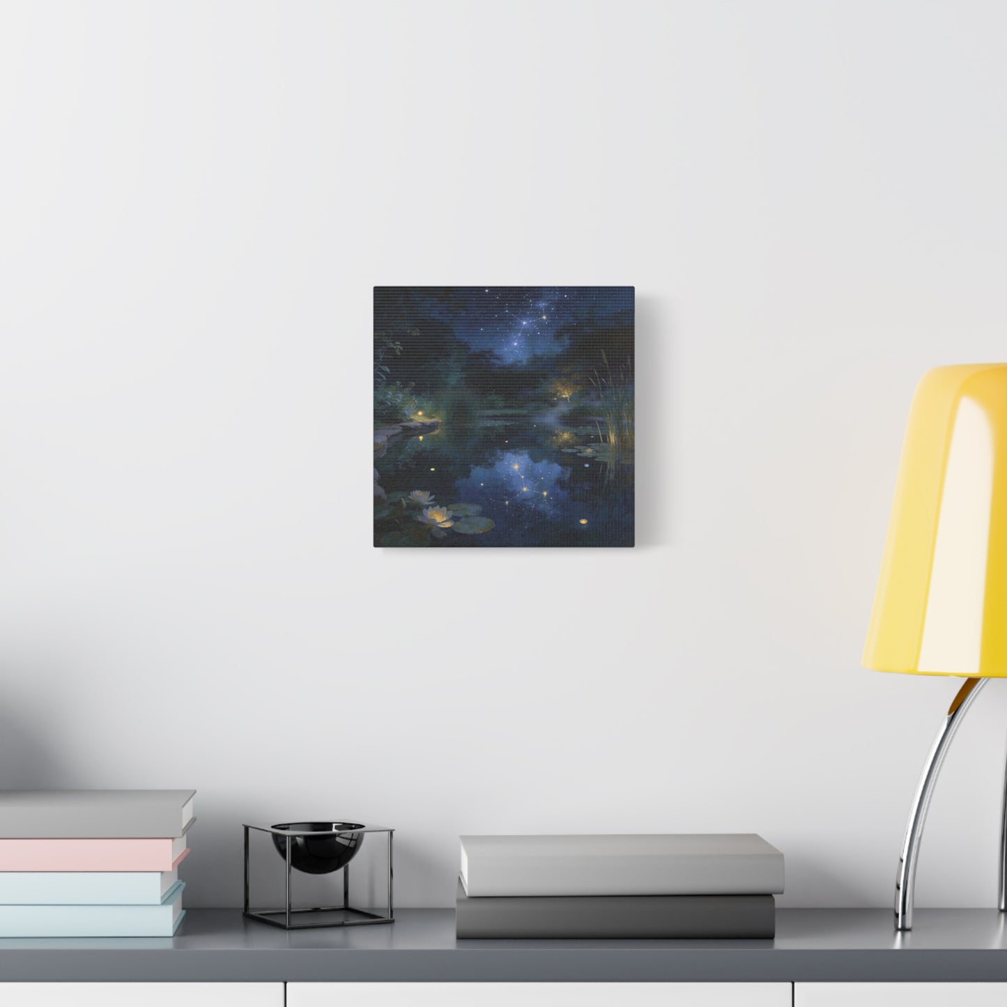Starry Night Pond Canvas Wall Art - Moonlit Water Lilies, Celestial Reflection Landscape - Dreamy Matte Canvas Print - Traditional Nightscape Style - Living Room Wall Decor Bedroom Home Accent