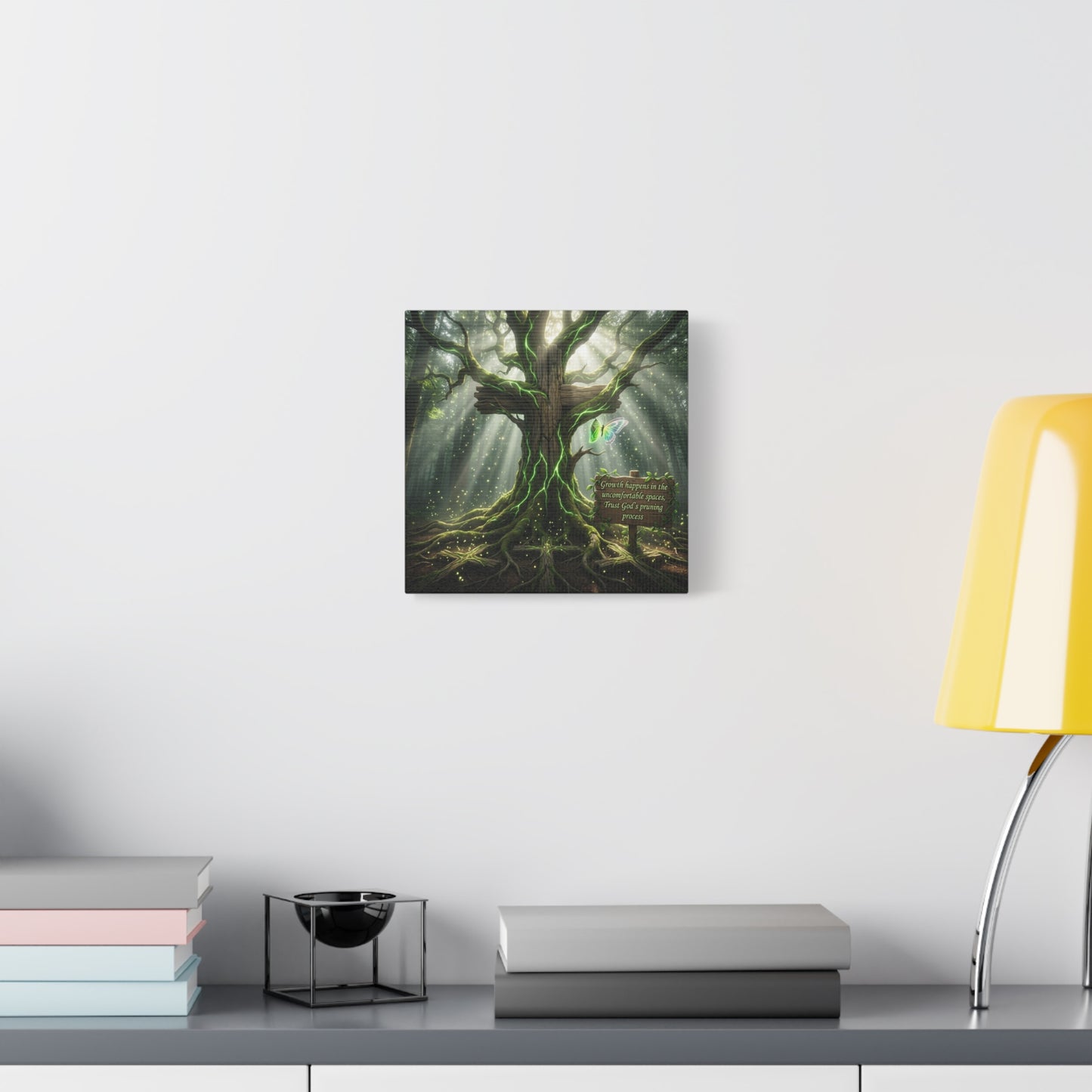 "Growth Happens In The Uncomfortable Spaces, Trust God's Pruning Process" Christian Canvas Wall Art - Forest Tree Cross, Butterfly - Inspirational Rustic Decor - Living Room Wall Decor - Ready to Hang