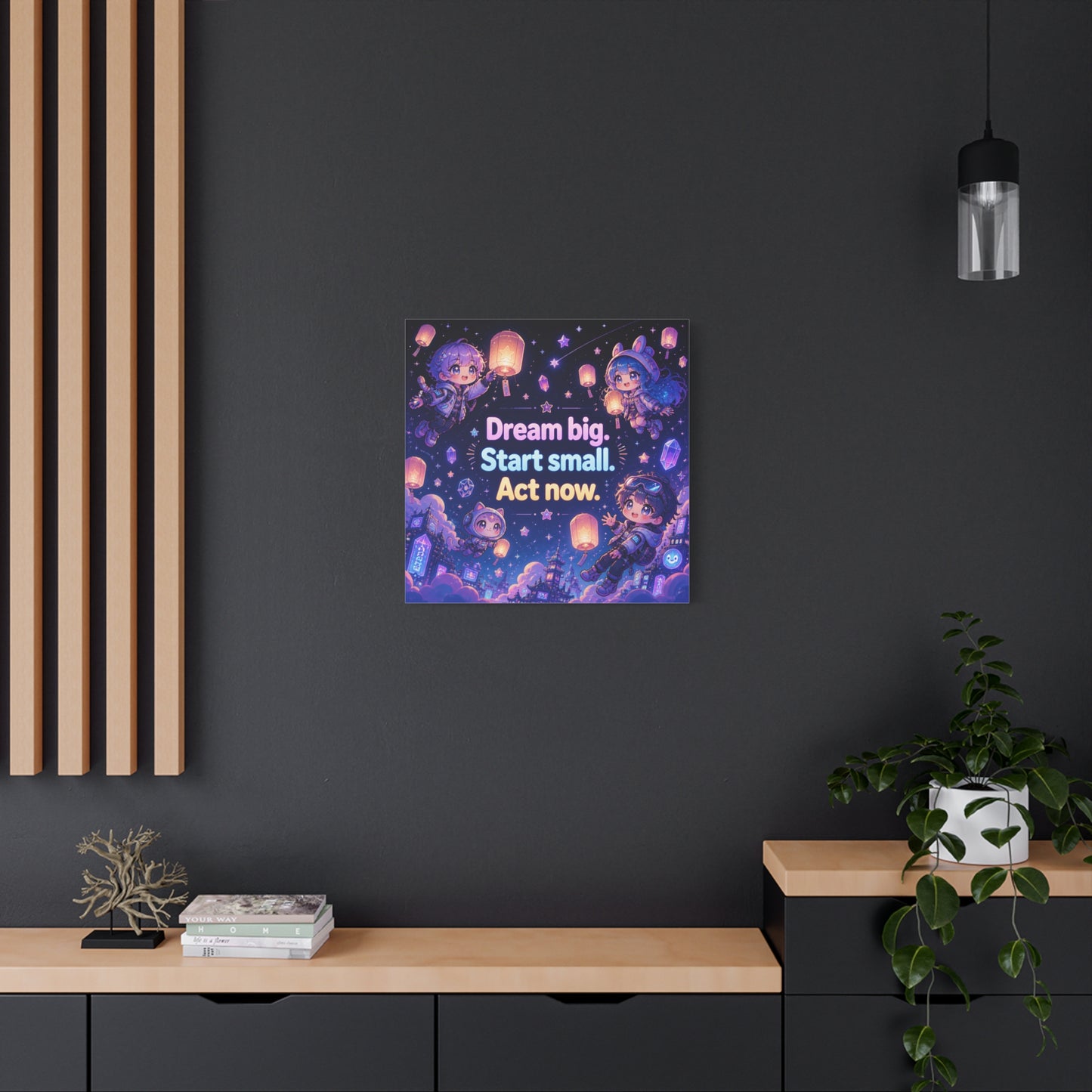 "Dream Big. Start Small. Act Now." Inspirational Canvas Wall Art - Kawaii Space Kids, Star Lantern Night Sky Quote Print - Neon Purple Blue Decor, Bedroom Home Decoration, Teen Room Accent