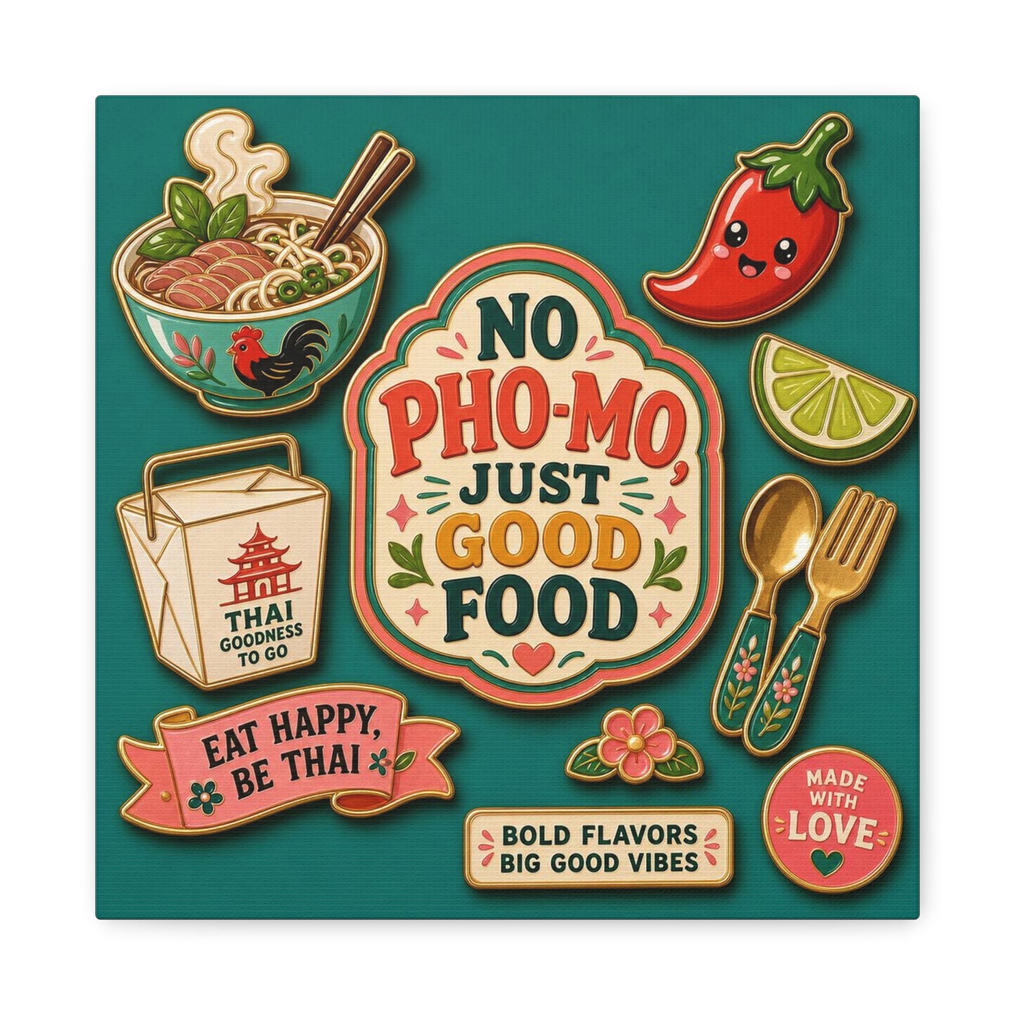 "No Pho-Mo Just Good Food" Canvas Wall Art - Thai Food Quote Kitchen Decor - Colorful Illustration Print, Retro Typography Style - Dining Room Accent, Cafe Wall Decor - Bedroom Home Decoration