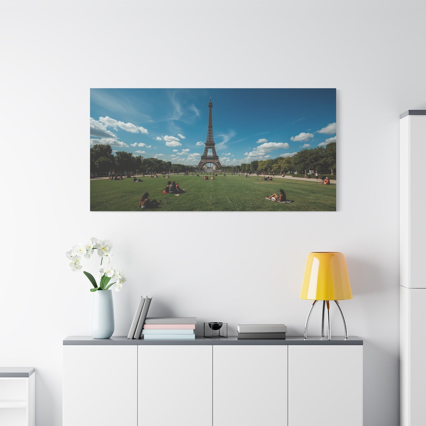 Eiffel Tower Canvas Wall Art Paris Landmark Art Print - Blue Sky, Green Lawn, Travel Cityscape Decor - Matte Cotton Artwork - Living Room Wall Decor, Office Art Accent - Bedroom Home Decoration