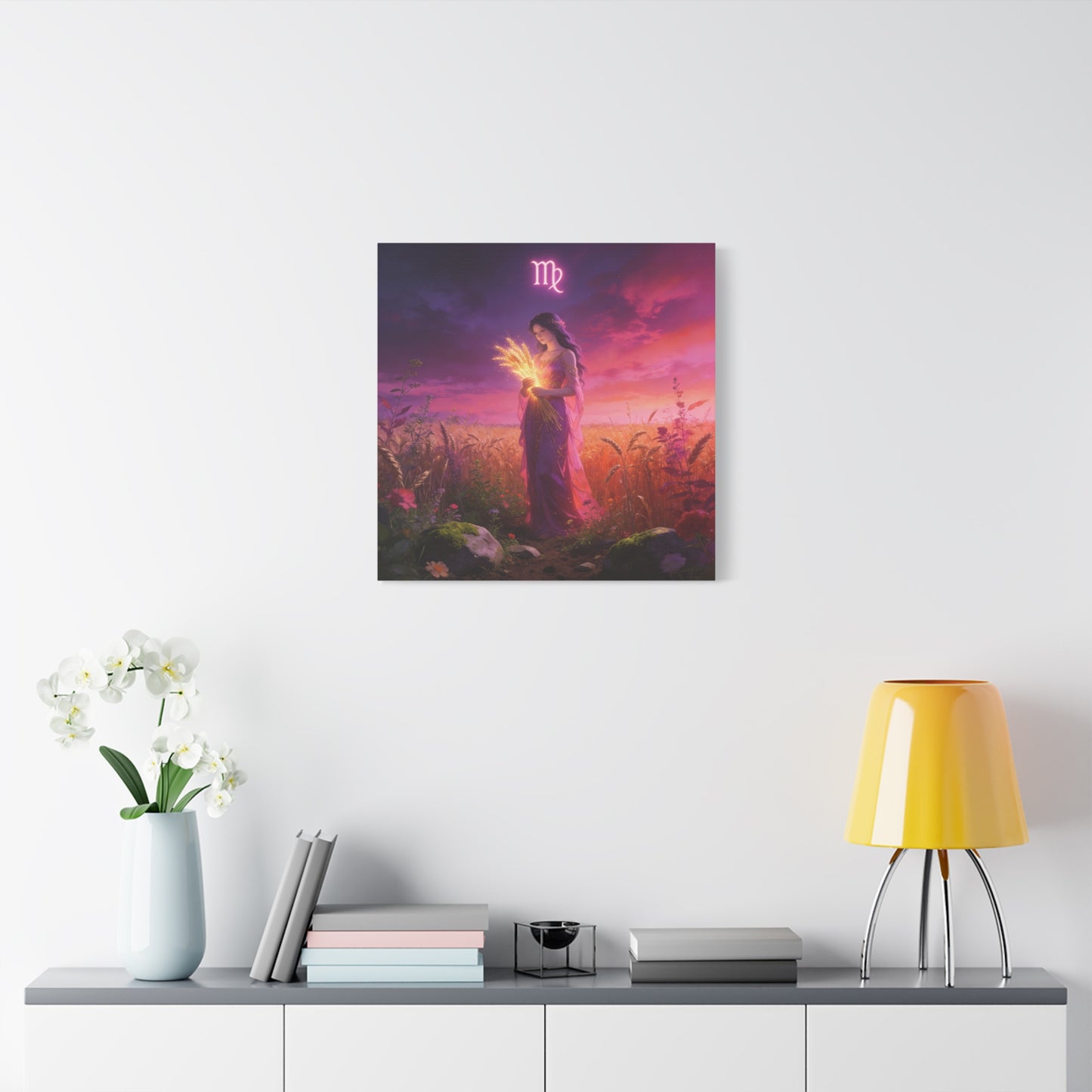 Virgo Zodiac Canvas Wall Art - Maiden Holding Glowing Wheat, Purple Twilight Field - Fantasy Illustration, Matte Canvas Print - Bedroom Wall Decor, Meditation Space Accent - Bedroom Home Decoration