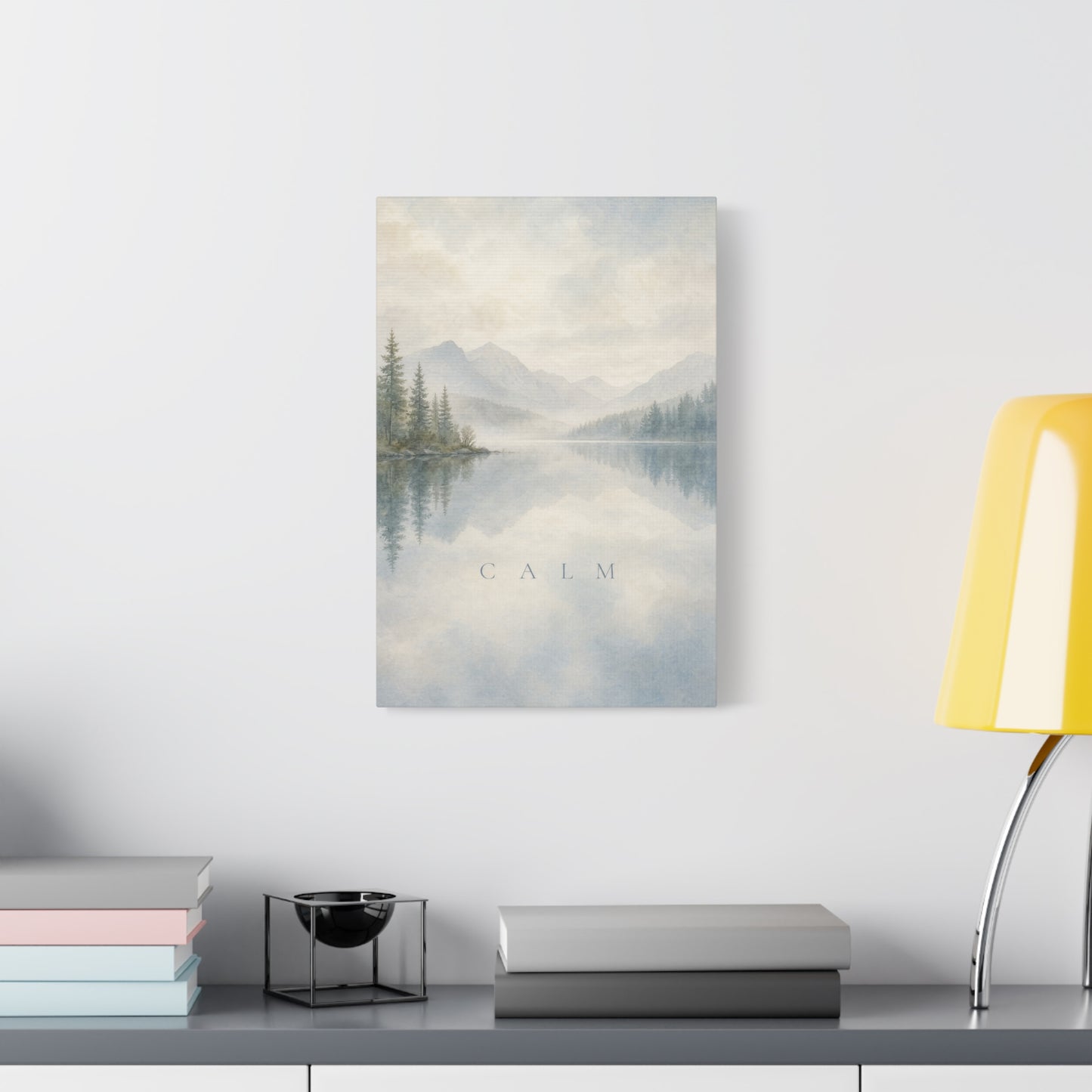 "Calm" Mountain Lake Canvas Wall Art - Misty Pine Forest Reflection Print - Serene Blue Landscape - Minimalist Nature Decor - Bedroom Home Decoration, Meditation Space - Living Room Wall Decor