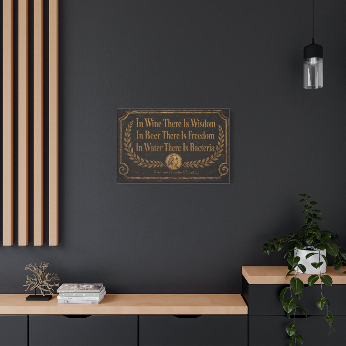 "In Wine There Is Wisdom In Beer There Is Freedom" Canvas Wall Art - Vintage Bar Quote Print, Rustic Tavern Style, Brown Gold Typography Decor, Home Bar - Office Wall Art - Cocktail Lounge Decor