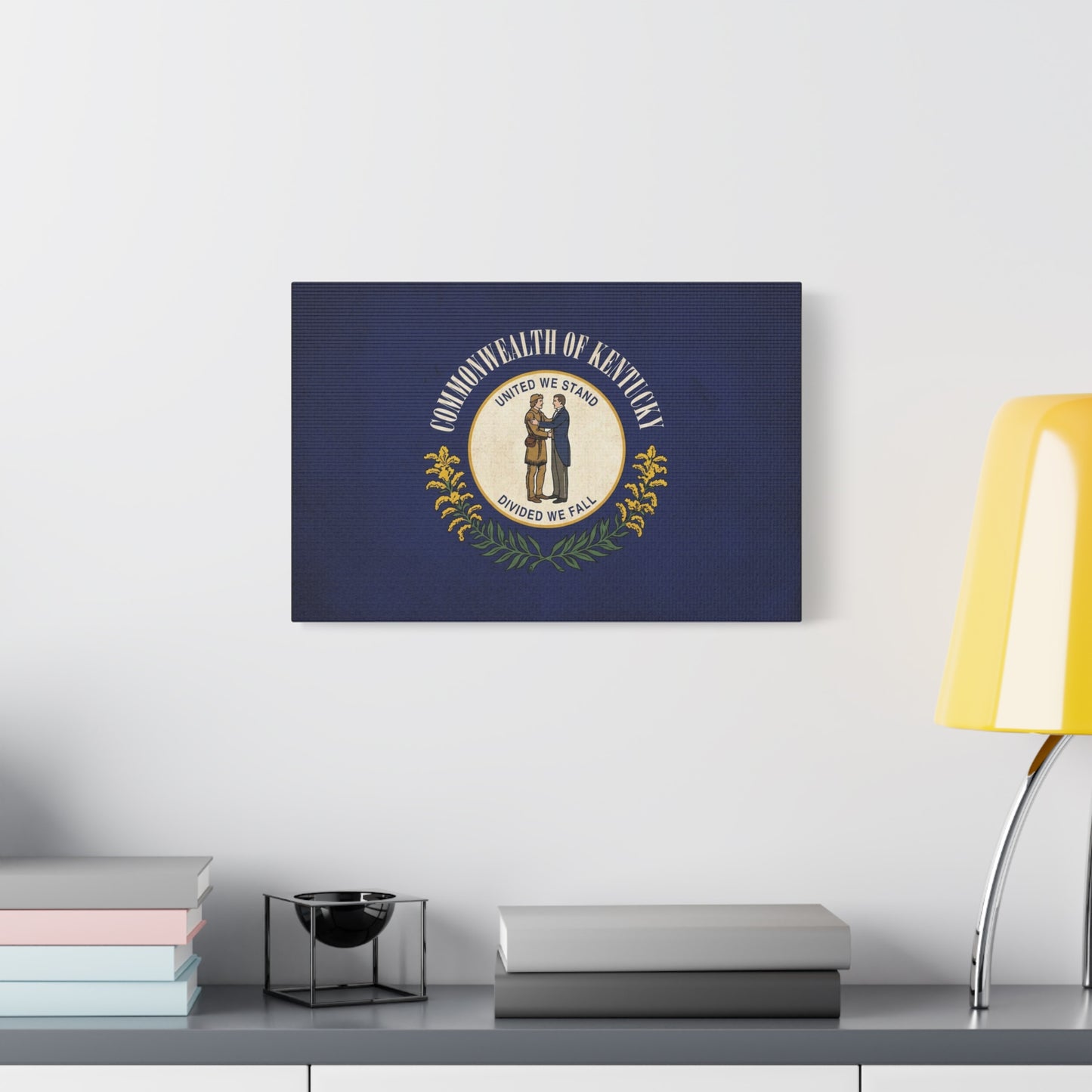 "Commonwealth Of Kentucky, United We Stand Divided We Fall" Canvas Wall Art - Kentucky State Flag Print, Blue Heraldic Seal Design - Vintage Style - Living Room Wall Decor, Office Art - Ready to Hang