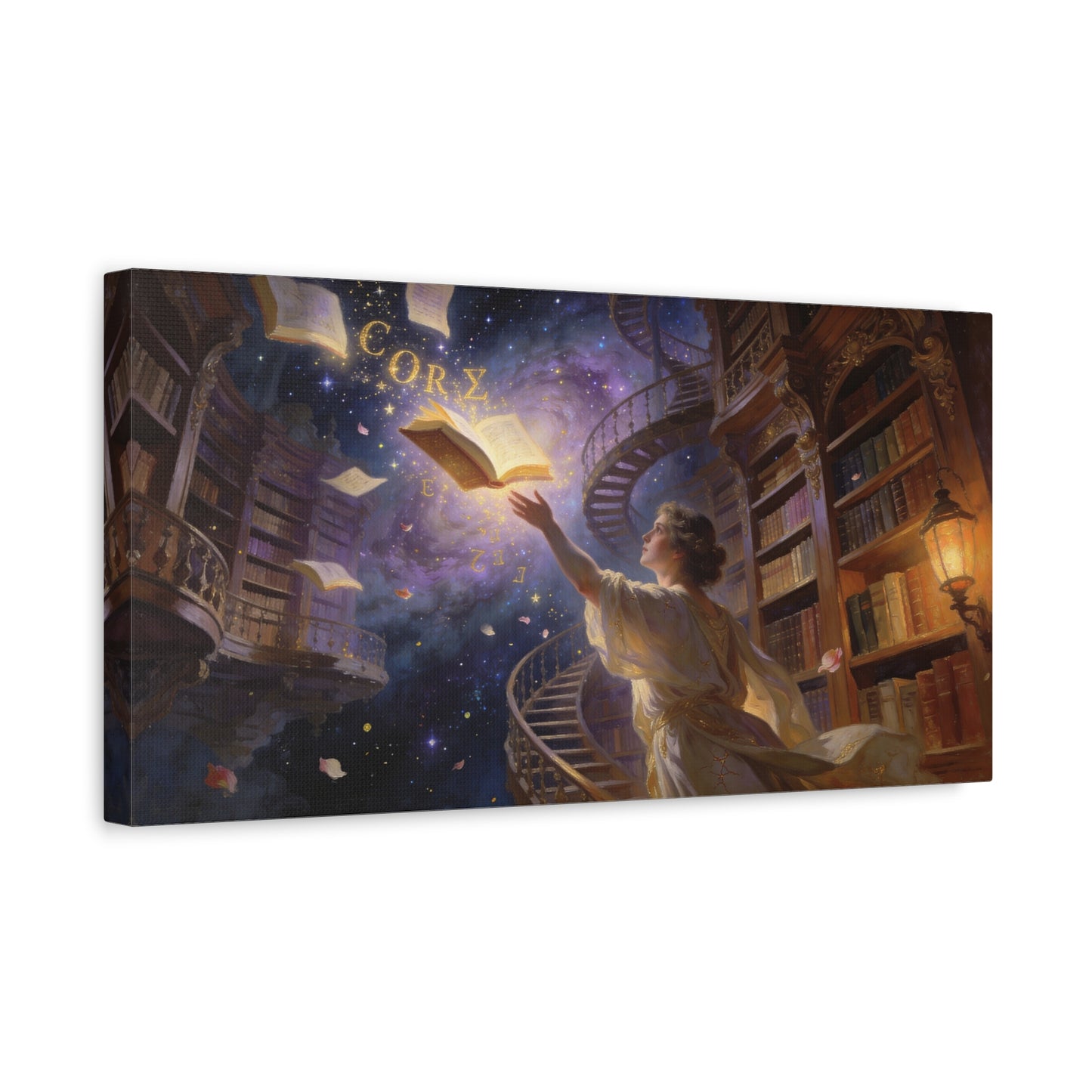 "CORZ" Fantasy Library Canvas Wall Art - Woman Reaching For Floating Book, Celestial Bookshelves, Spiral Staircase - Matte Cotton Print - Surreal Reading Room Decor, Office Art - Workspace Wall Decor