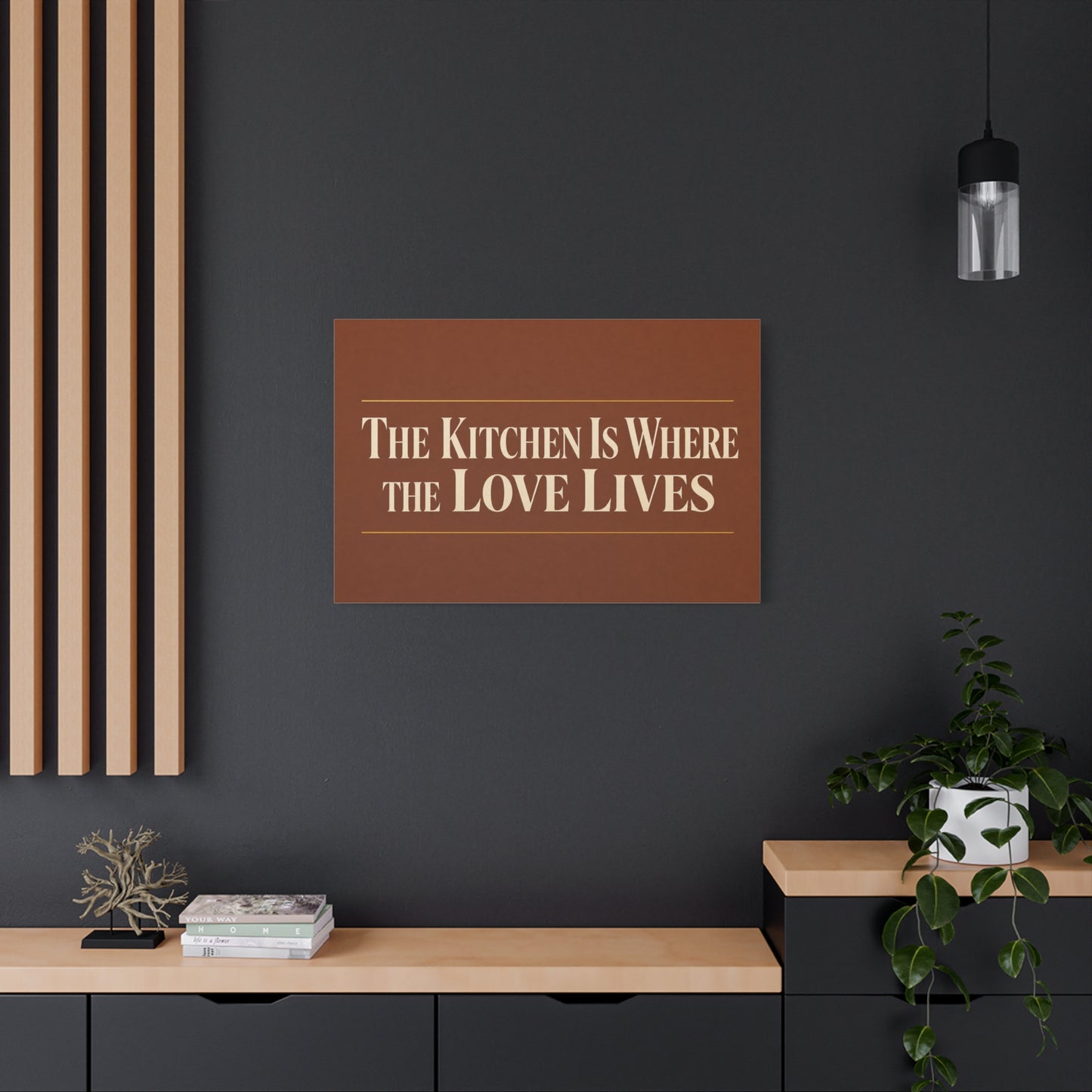 "The Kitchen Is Where The Love Lives" Canvas Wall Art - Typography Kitchen Decor, Brown Minimalist Quote Print, Farmhouse Dining Room Decoration - Living Room Wall Decor - Bedroom Home Decoration