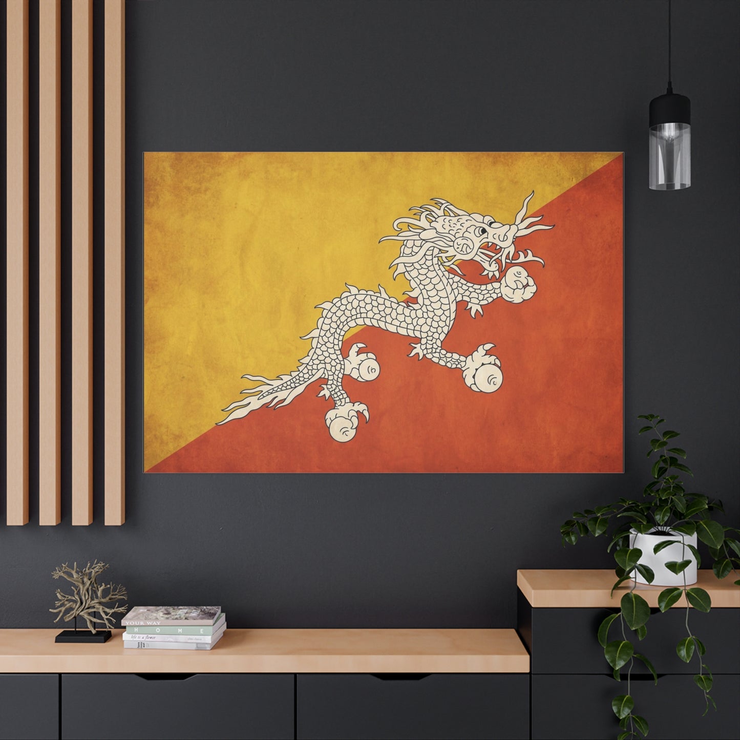 Bhutan Flag Dragon Canvas Wall Art - White Druk On Yellow Orange Field - Vintage Textured Print, Cultural Wall Decor, Living Room Home Decoration - Modern Farmhouse Style - Bedroom Home Decoration