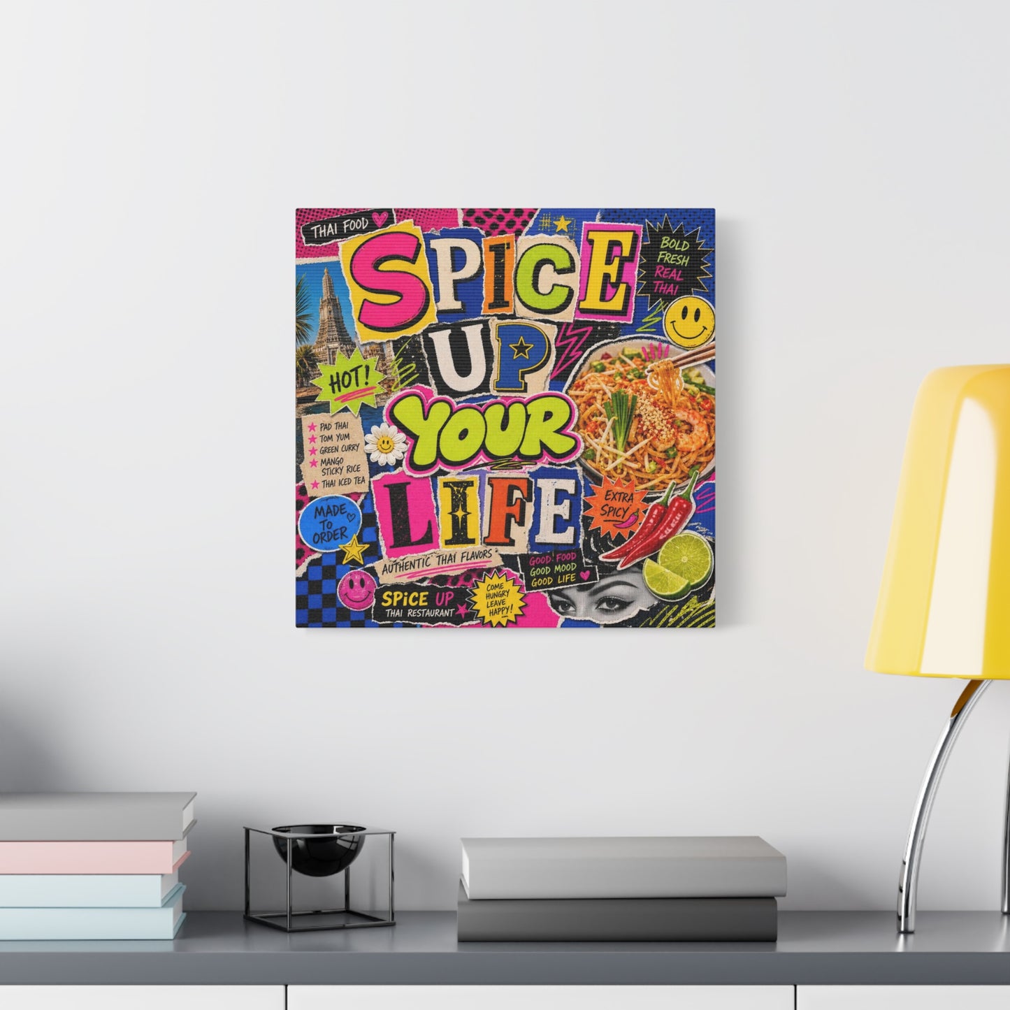 "Spice Up Your Life" Canvas Wall Art - Thai Food Pop Art Collage, Typography Print, Neon Color Street Poster Style, Cafe Decor, Dining Room Accent, Kitchen Wall Hanging, Contemporary - Ready to Hang