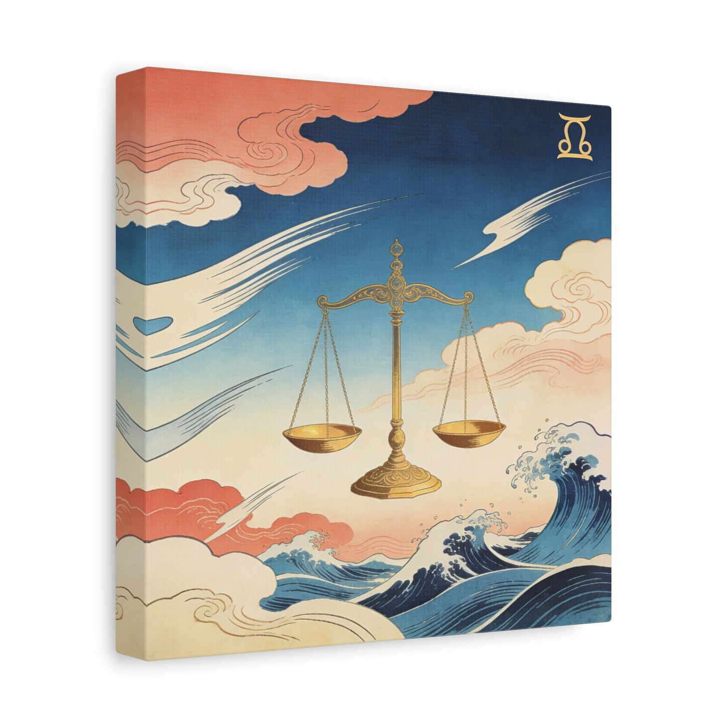 Libra Zodiac Canvas Wall Decor - Vintage Japanese Wave Scales Illustration - Celestial Astrology Print, Gold Balance Symbol, Traditional Style, Bedroom Home Decoration - Living Room Wall Decor