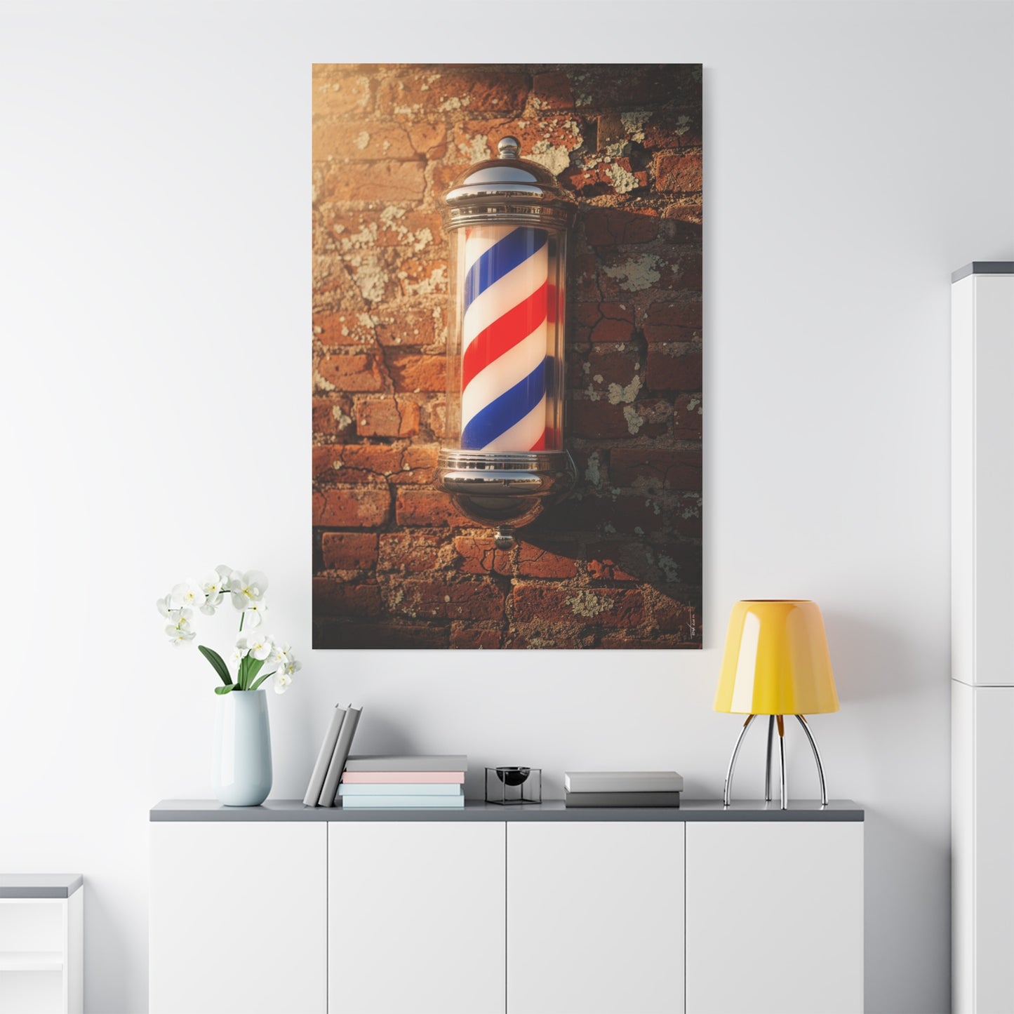 Vintage Barber Pole Canvas Wall Art - Rustic Brick Wall Art Print, Red Blue White Stripe Shop Decor - Matte Cotton Art Print - Barbershop Interior Accent, Lobby Workspace Styling - Ready to Hang