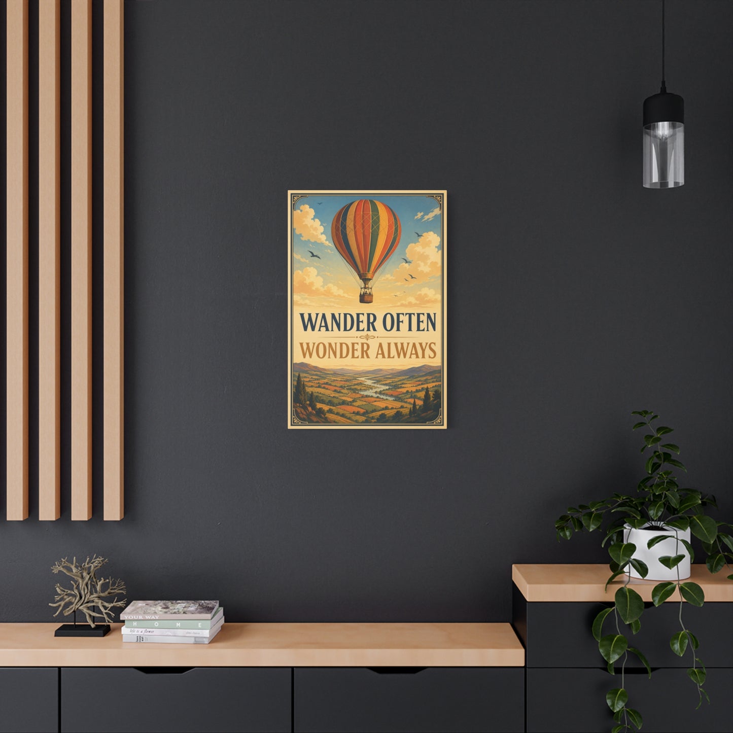 "Wander Often Wonder Always" Hot Air Balloon Canvas Wall Art - Vintage Travel Landscape Quote Print, Retro Sky Poster Style, Living Room Wall Decor - Ready to Hang - Bedroom Home Decoration
